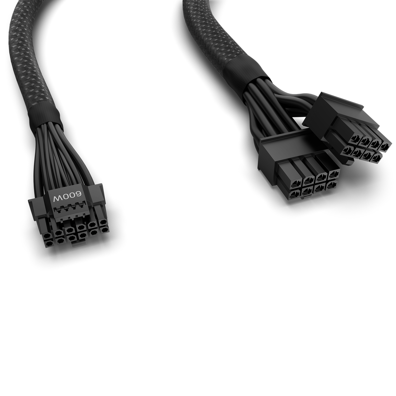 Two black NZXT 12VHPWR Cables, compatible with C series PSUs and NVIDIA GeForce RTX 40 Series, are shown. One features an 8-pin 600W connector; the other has two 8-pin connectors, all set against a black background.