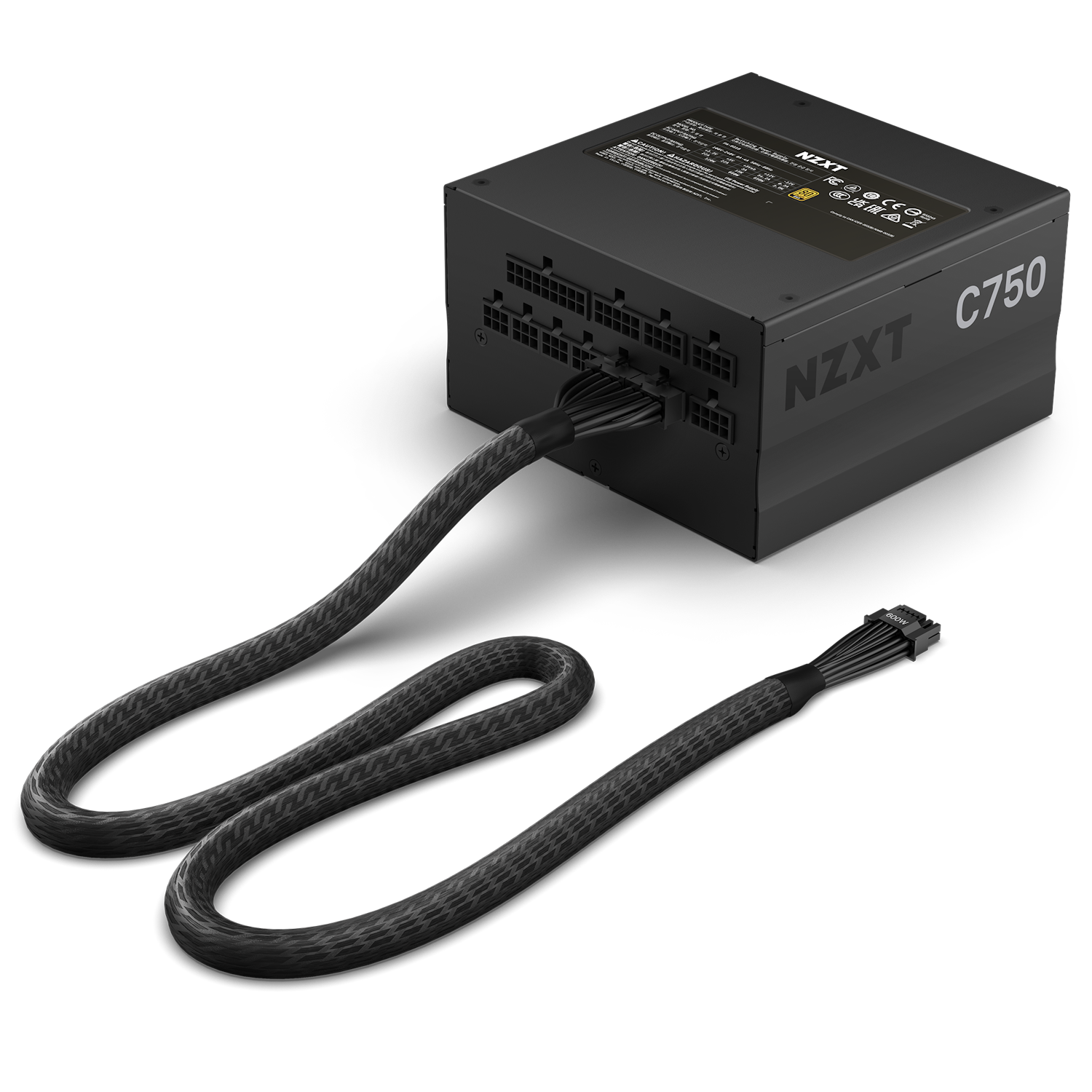 A black NZXT 12VHPWR Cable, compatible with NVIDIA GeForce RTX 40 Series, from NZXT and designed for modular connectors, isolated on a black background.