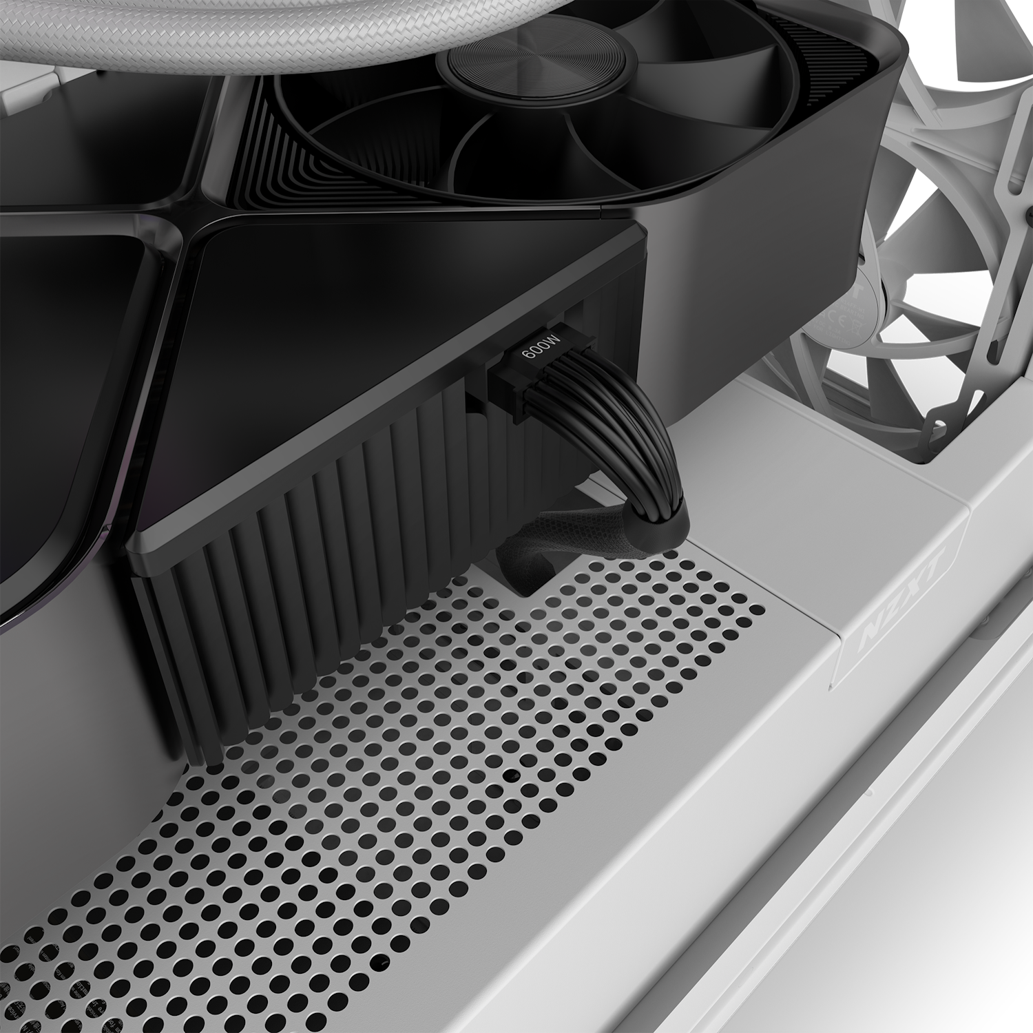 Close-up of an NZXT 12VHPWR Cable connected to an NVIDIA GeForce RTX 40 Series graphics card inside a white PC case, showing cooling fans and mesh ventilation on the side panel.