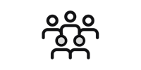 Simple black and white icon of three people standing together, with circular heads and connected lines representing their bodies, symbolizing a group or community.
