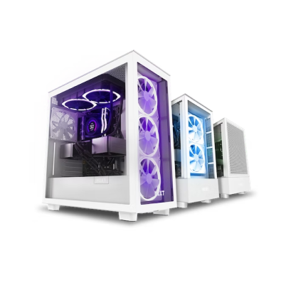 Three white computer cases with transparent side panels are shown, each featuring vibrant internal LED lighting in purple, blue, and green, highlighting the cooling fans and components inside.