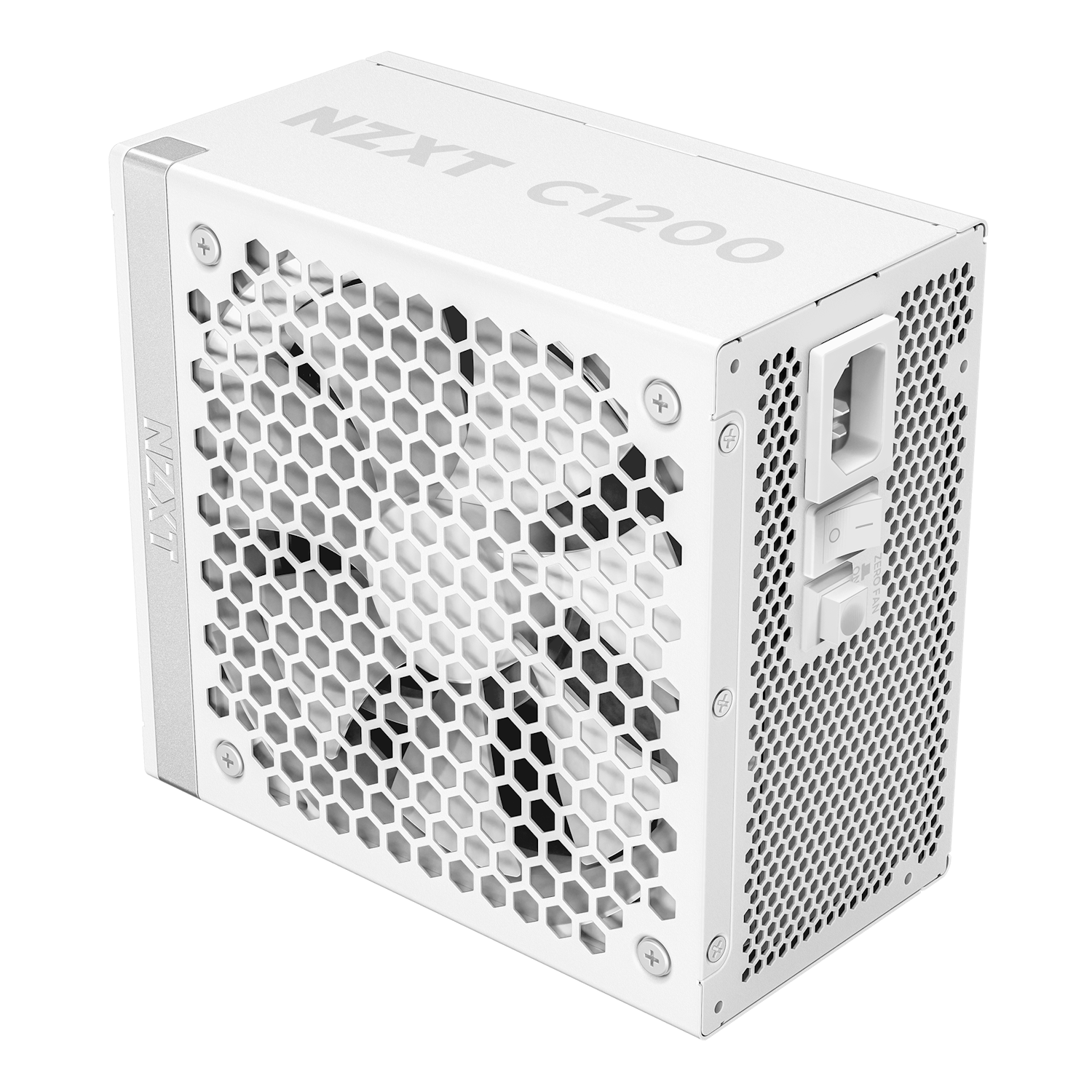 The NZXT C1200 Gold ATX 3.1 PSU in white, with a large honeycomb vent, power switch, and socket, is displayed at an angle on a black background.