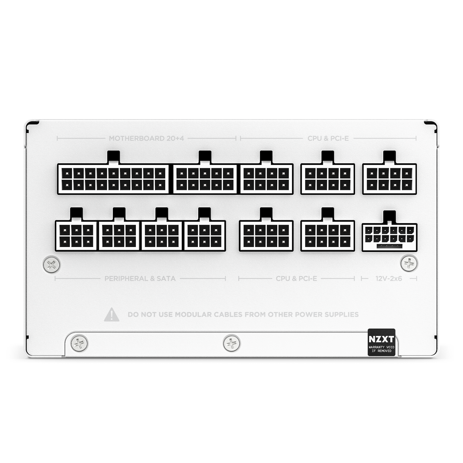 The NZXT C1200 Gold ATX 3.1 PSU’s white modular panel features labeled ports for motherboard, CPU, PCI-E (including NVIDIA GeForce RTX 50 Series support), SATA, and peripherals. A warning advises only using the included cables.