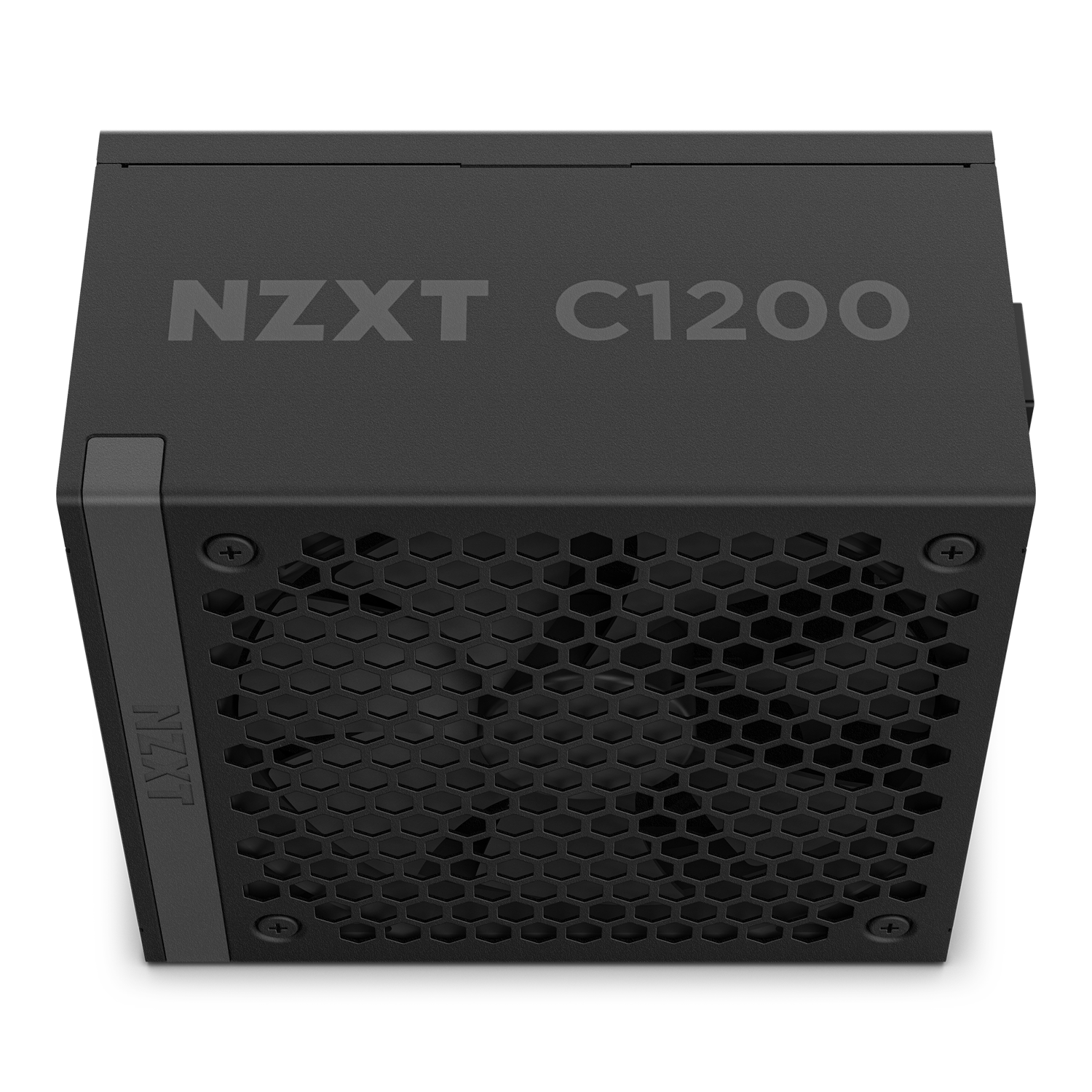 The NZXT C1200 Gold ATX 3.1 power supply features a black finish, honeycomb ventilation, supports NVIDIA GeForce RTX 50 Series GPUs, and displays the NZXT logo on top.