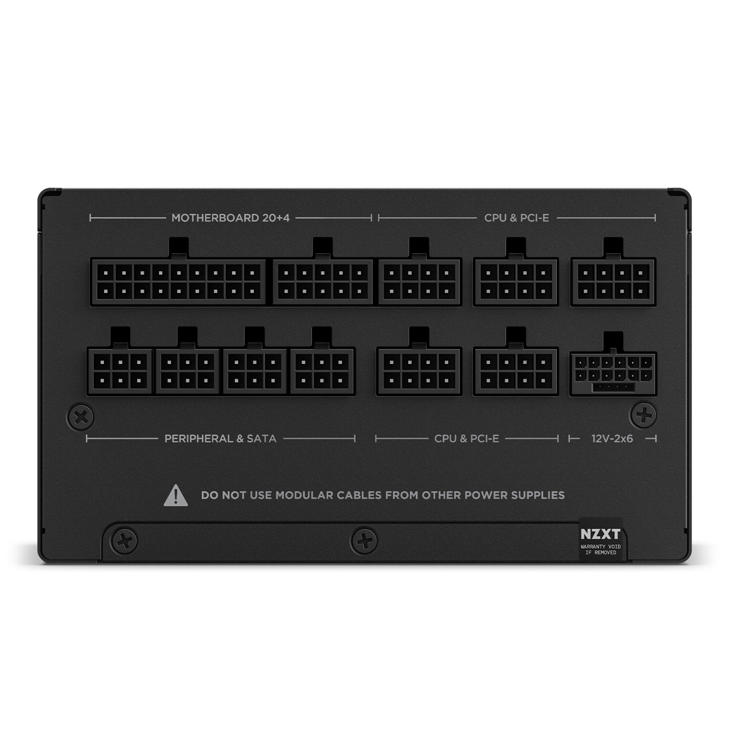 The NZXT C1200 Gold ATX 3.1 PSU in black has clearly labeled modular ports for motherboard, CPU/PCI-E, peripheral/SATA, and 12V—ideal for NVIDIA GeForce RTX 50 Series setups. Do not use cables from other power supplies.