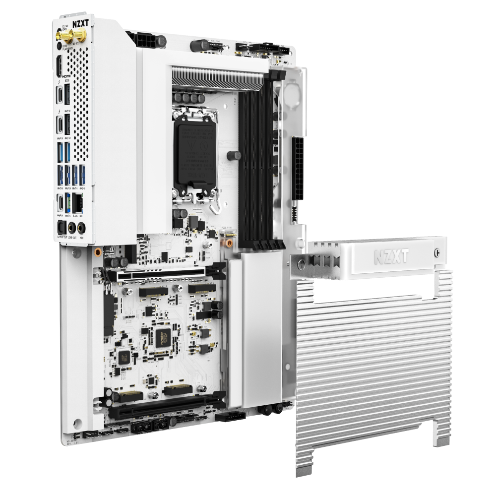 The NZXT N9 Z890 motherboard features a white design with multiple ports and slots, a large silver heatsink, PCIe 5.0 support, and an optimized layout for Intel Core Ultra processors and overclocking enthusiasts.