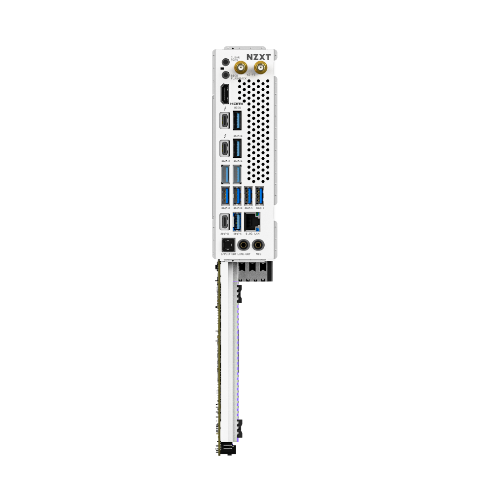 Rear view of the NZXT N9 Z890 motherboard’s white I/O panel with USB ports, HDMI, DisplayPort, PCIe 5.0 support, Ethernet, audio jacks, Wi-Fi antenna connectors, and ventilation—perfect for overclocking enthusiasts.