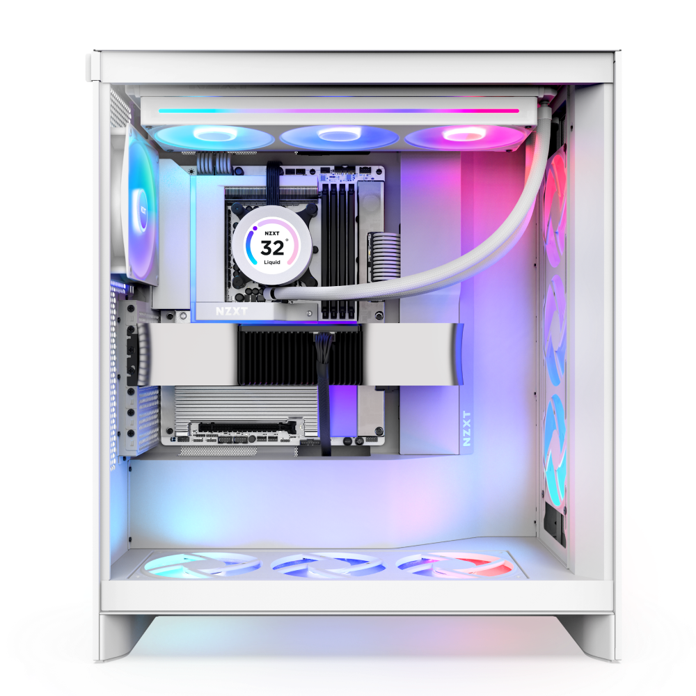The NZXT N9 Z890 is a sleek white gaming PC case featuring RGB lighting, visible cooling fans, liquid cooling, and a digital temperature display at 32°C. Its organized interior supports PCIe 5.0 for high-speed performance with modern components.