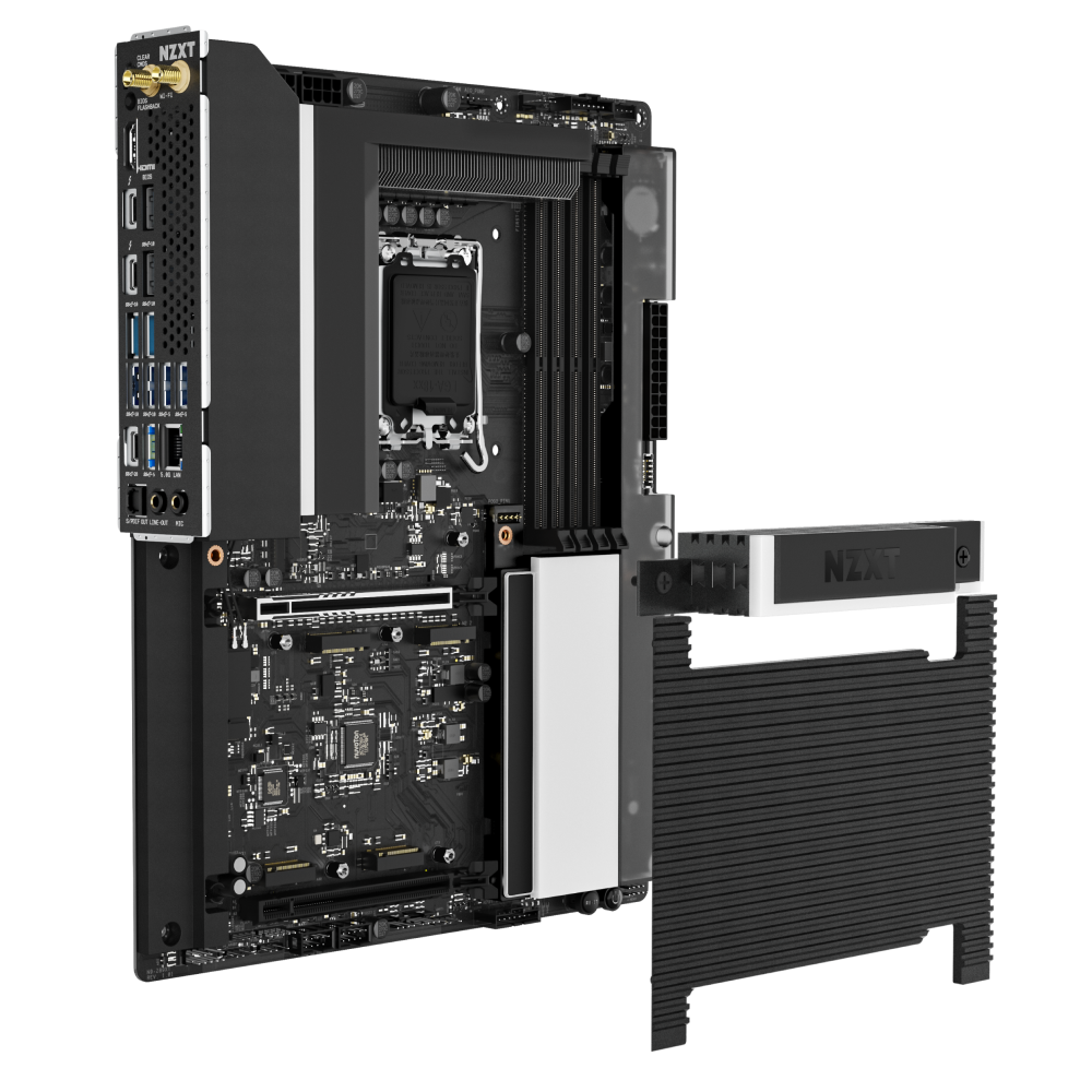 An angled view of the NZXT N9 Z890 motherboard in black with silver accents highlights its USB ports, RAM slots, CPU socket, PCIe 5.0 slots, and a large black metal heatsink on the right.