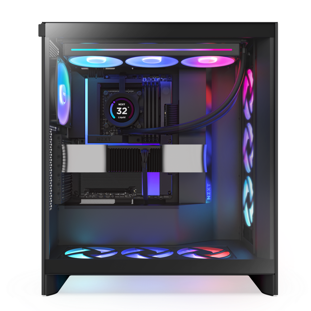 The NZXT N9 Z890 is a sleek gaming PC with RGB-lit fans, liquid cooling, and visible components through a transparent side panel. It features PCIe 5.0 support and emits vibrant blue, purple, and pink lighting.