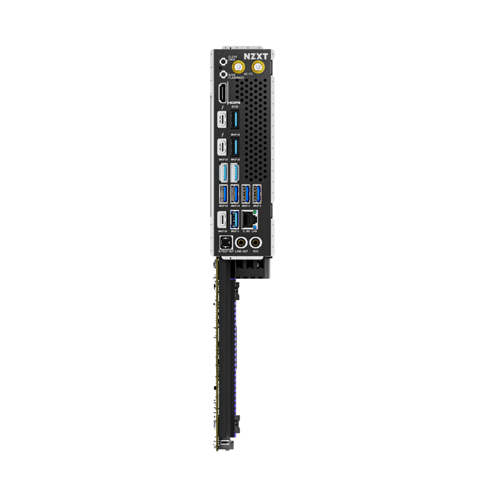 Rear view of the NZXT N9 Z890 motherboards I/O panel, featuring USB, HDMI, DisplayPort, PCIe 5.0 support, Ethernet, audio jacks, antenna connectors, and NZXT labeling at the top.