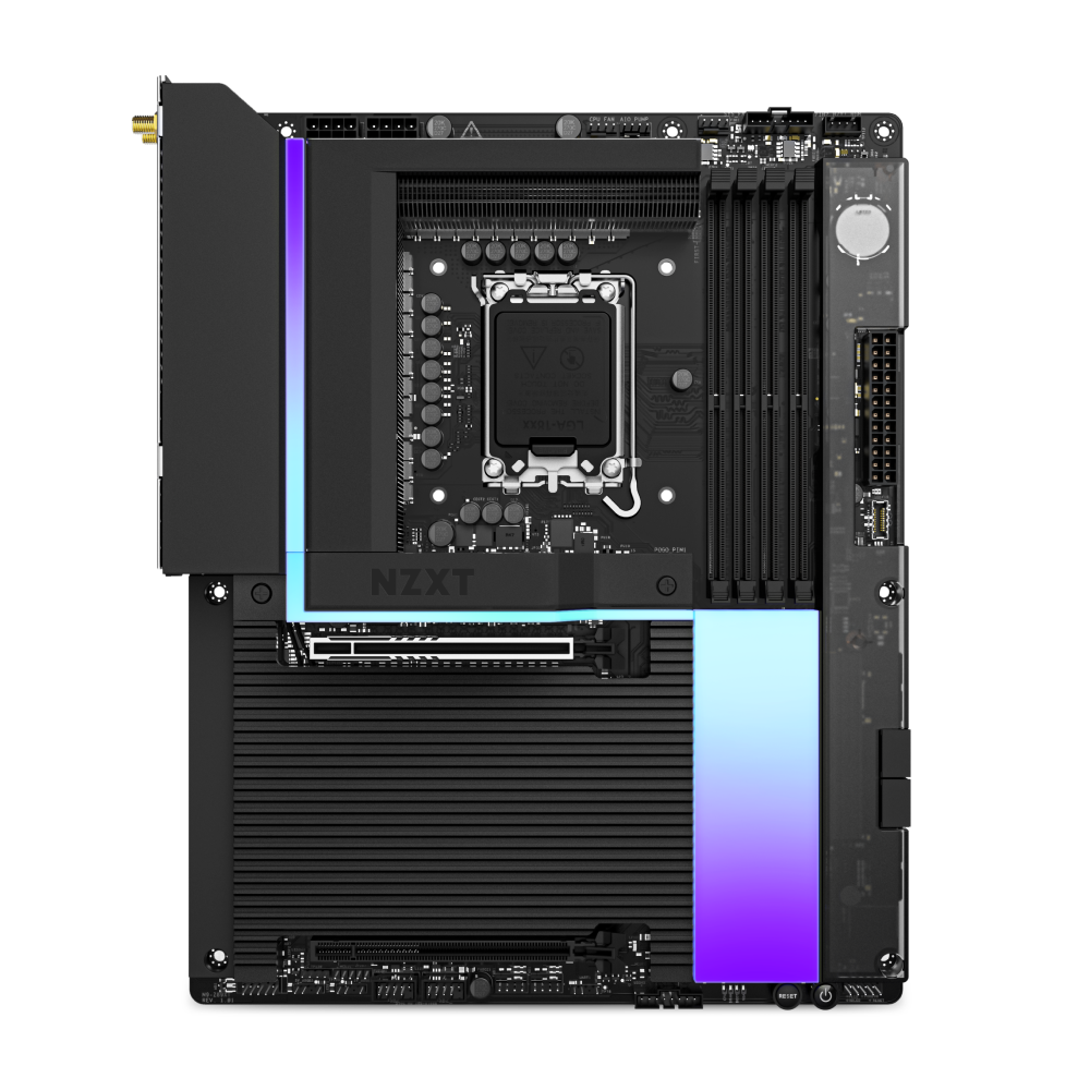 Top-down view of the NZXT N9 Z890 motherboard in black, showcasing multiple RAM slots, an Intel Core Ultra-ready CPU socket, blue and purple RGB lighting, and support for high-speed PCIe 5.0 connections.
