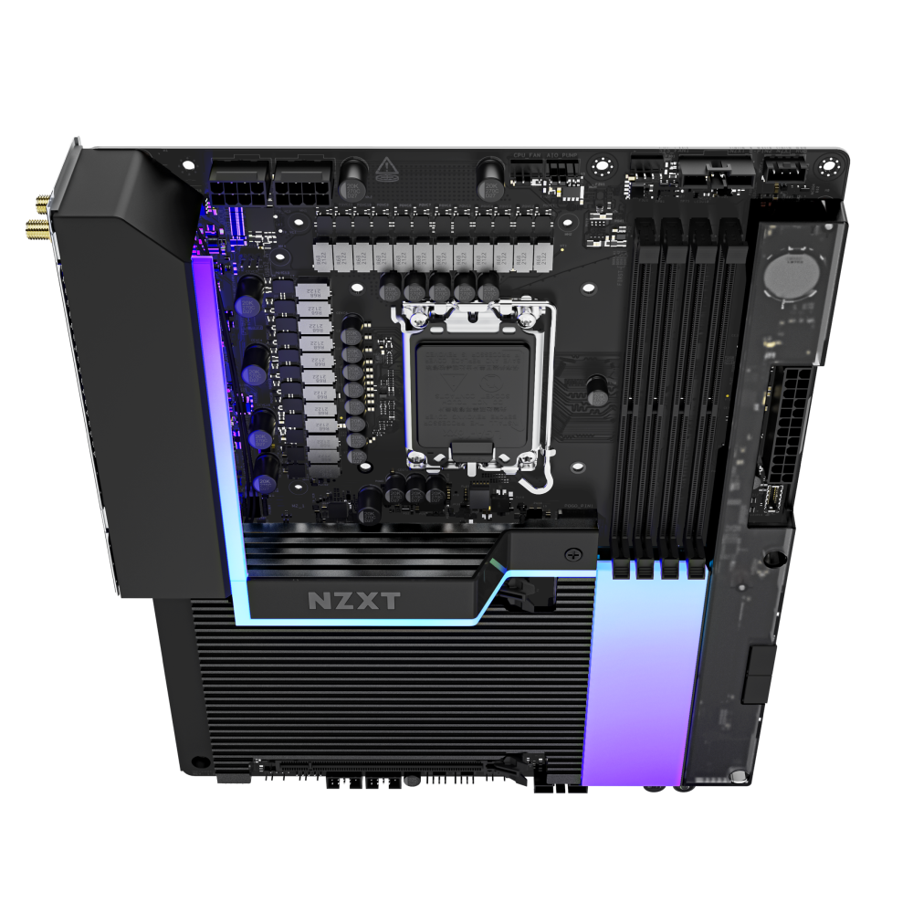 Top view of NZXT N9 Z890 motherboard with RGB lighting, exposed CPU socket for Intel Core Ultra, RAM slots, heat sinks, PCIe 5.0 support, and multiple connectors on a black PCB.