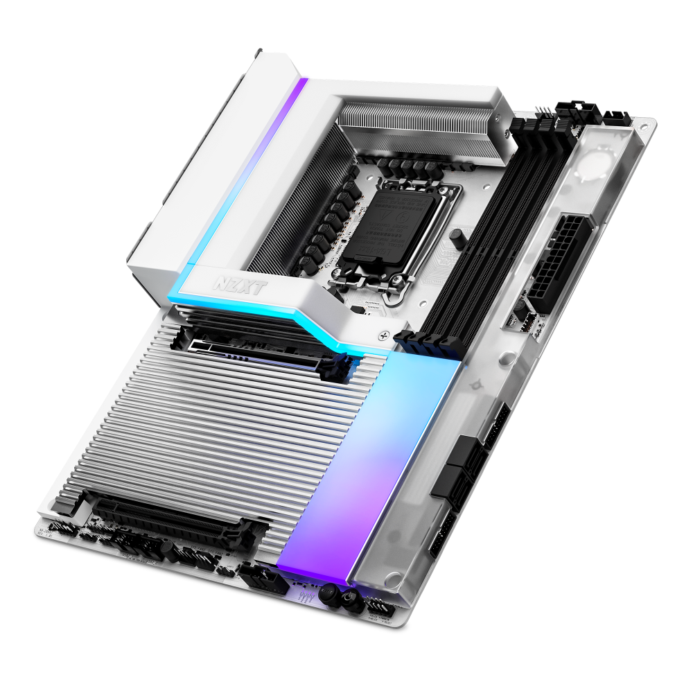 The NZXT N9 Z890 motherboard features a white design with heatsinks, black RAM slots, RGB lighting, multiple ports and connectors, and PCIe 5.0 support—displayed at an angle on a black background.