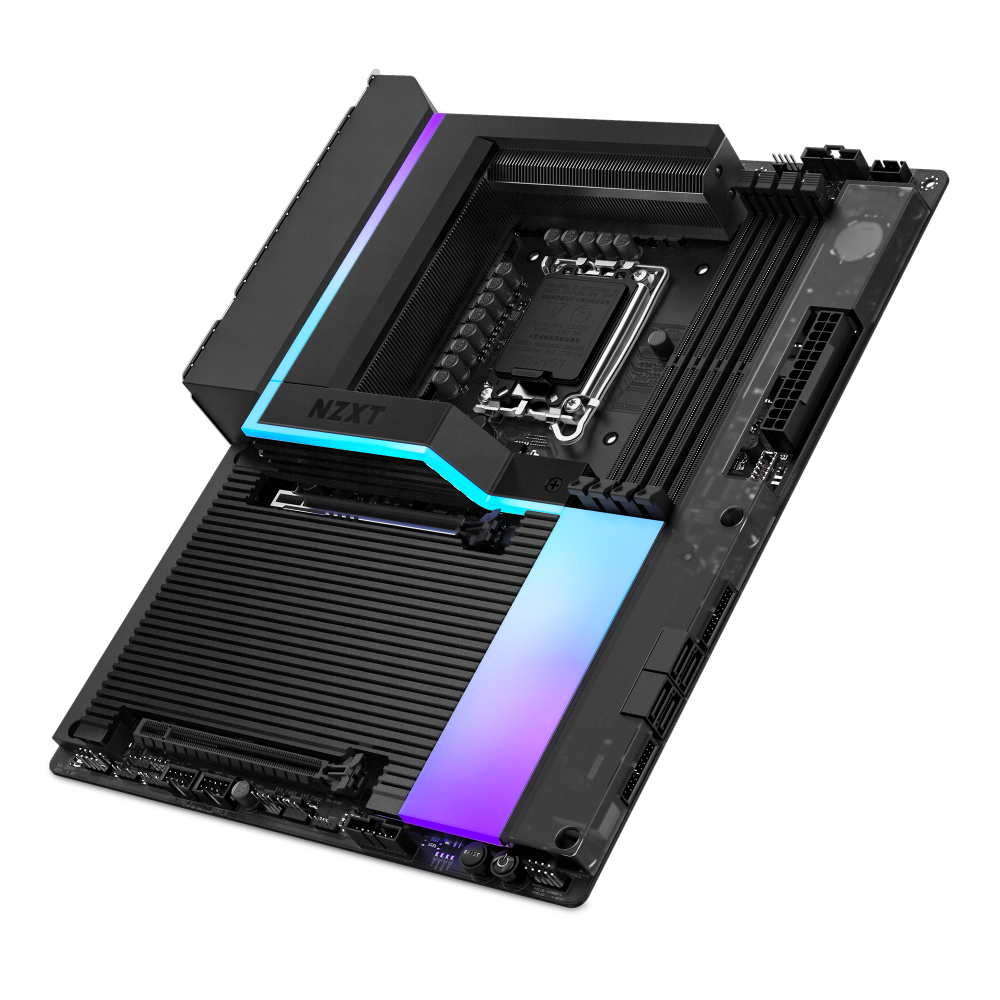The NZXT N9 Z890 motherboard, shown on a black background, features RGB accents, exposed CPU socket, large heatsinks, and multiple slots and connectors including PCIe 5.0 support.