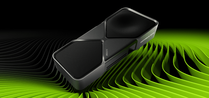 A sleek, black NVIDIA graphics card hovers above a background of green and black curved, layered lines, creating a dynamic, futuristic effect.