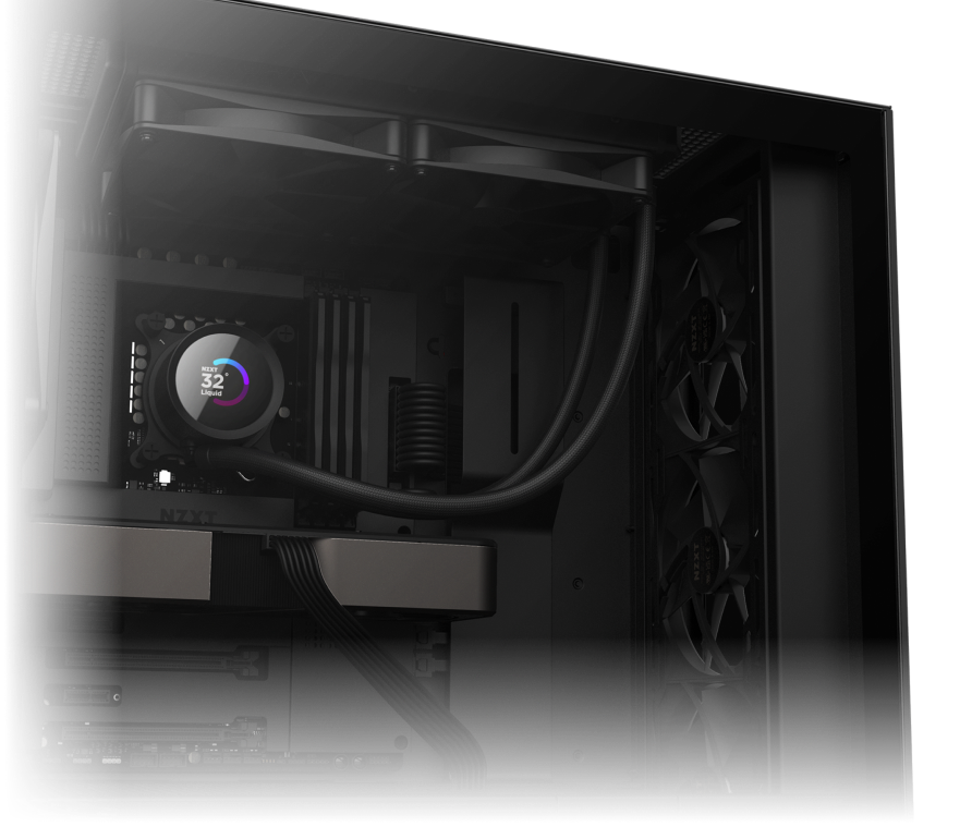 A close-up view of the interior of a desktop computer case, featuring a liquid cooling system with a digital display showing 32°C, three vertical fans, and neatly managed cables.