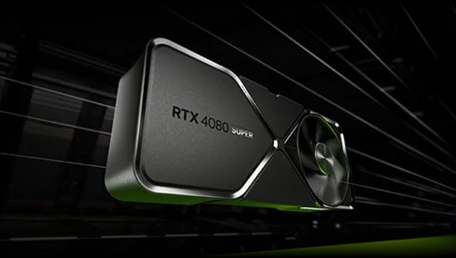 A close-up of an NVIDIA RTX 4080 Super graphics card with a sleek black design, set against a dynamic, dark background with light streaks.