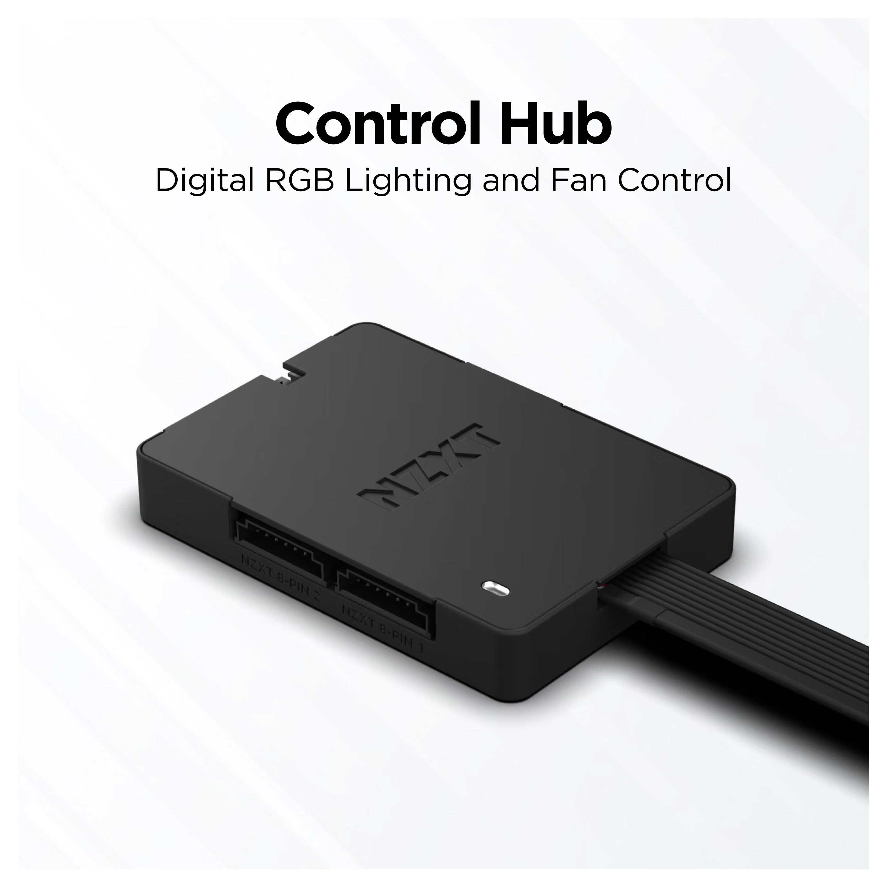 A black NZXT control hub for digital RGB lighting and fan control, shown with multiple ports and a connected cable, against a light background. Text above reads: Control Hub - Digital RGB Lighting and Fan Control.
