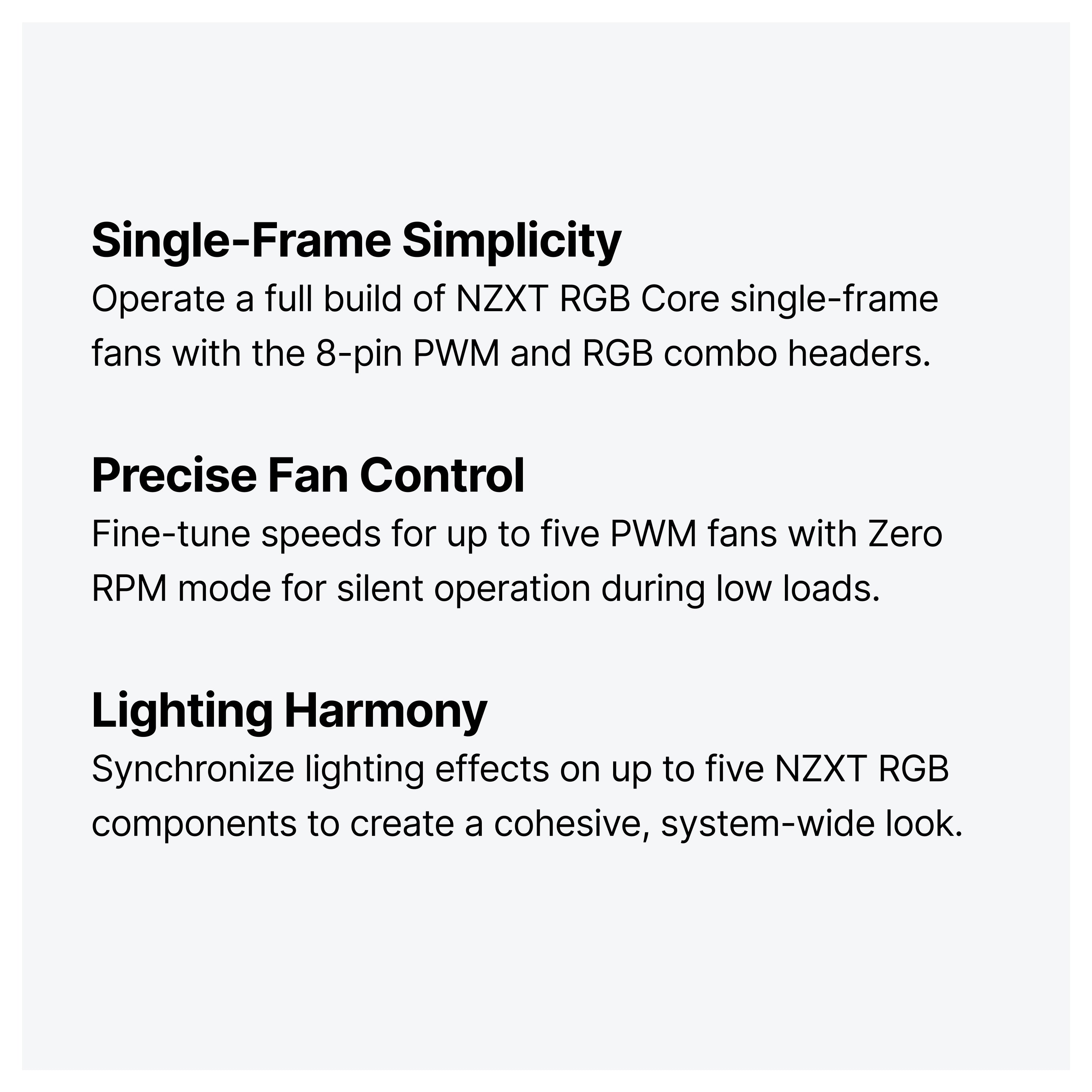 A product feature list highlights single-frame simplicity for NZXT RGB fans, precise control of up to five PWM fans with silent Zero RPM mode, and synchronized lighting for cohesive RGB effects.