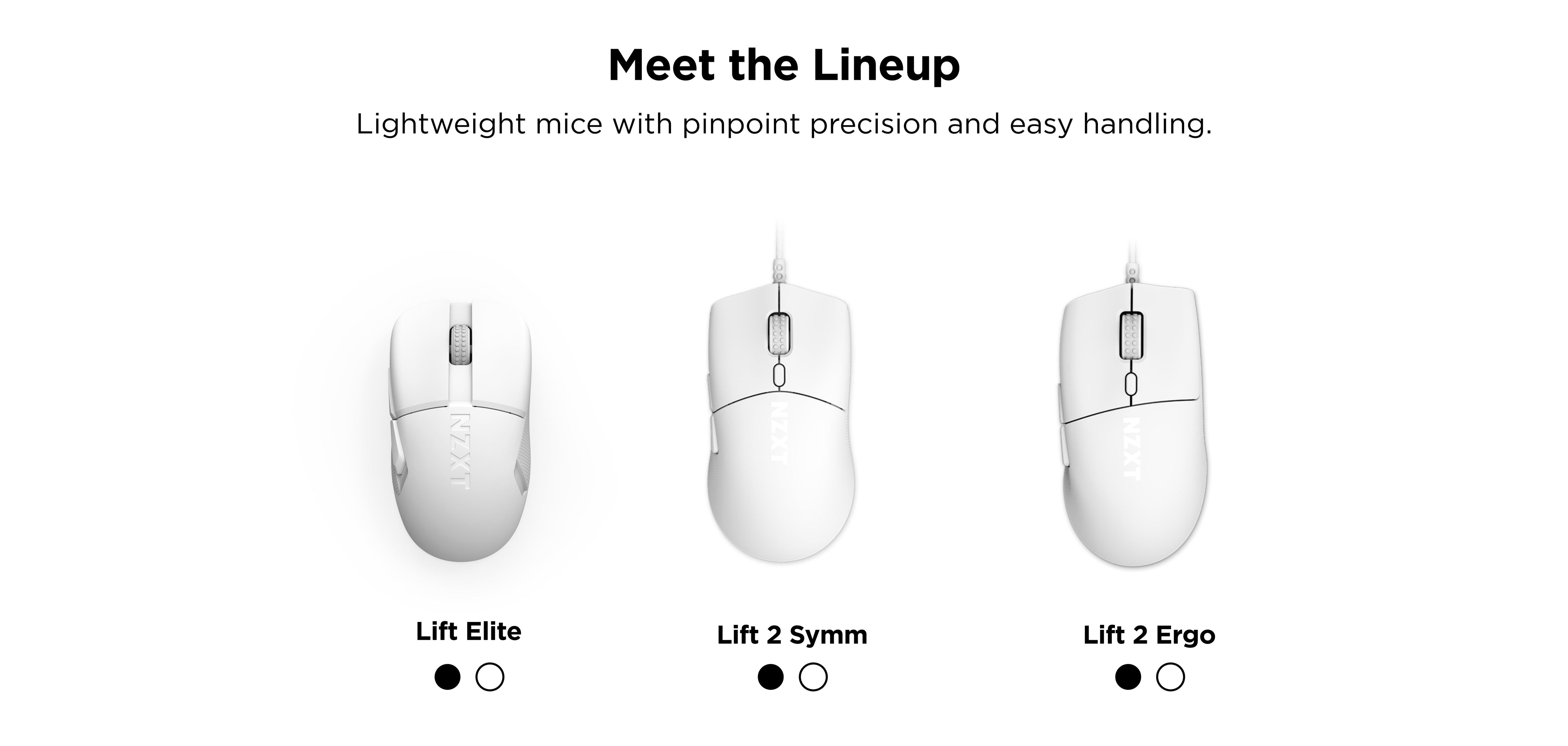Three white computer mice—Lift Elite, Lift 2 Symm, and Lift 2 Ergo—are displayed side by side under the heading “Meet the Lineup,” with brief text describing their lightweight, precise, and easy-to-handle design.