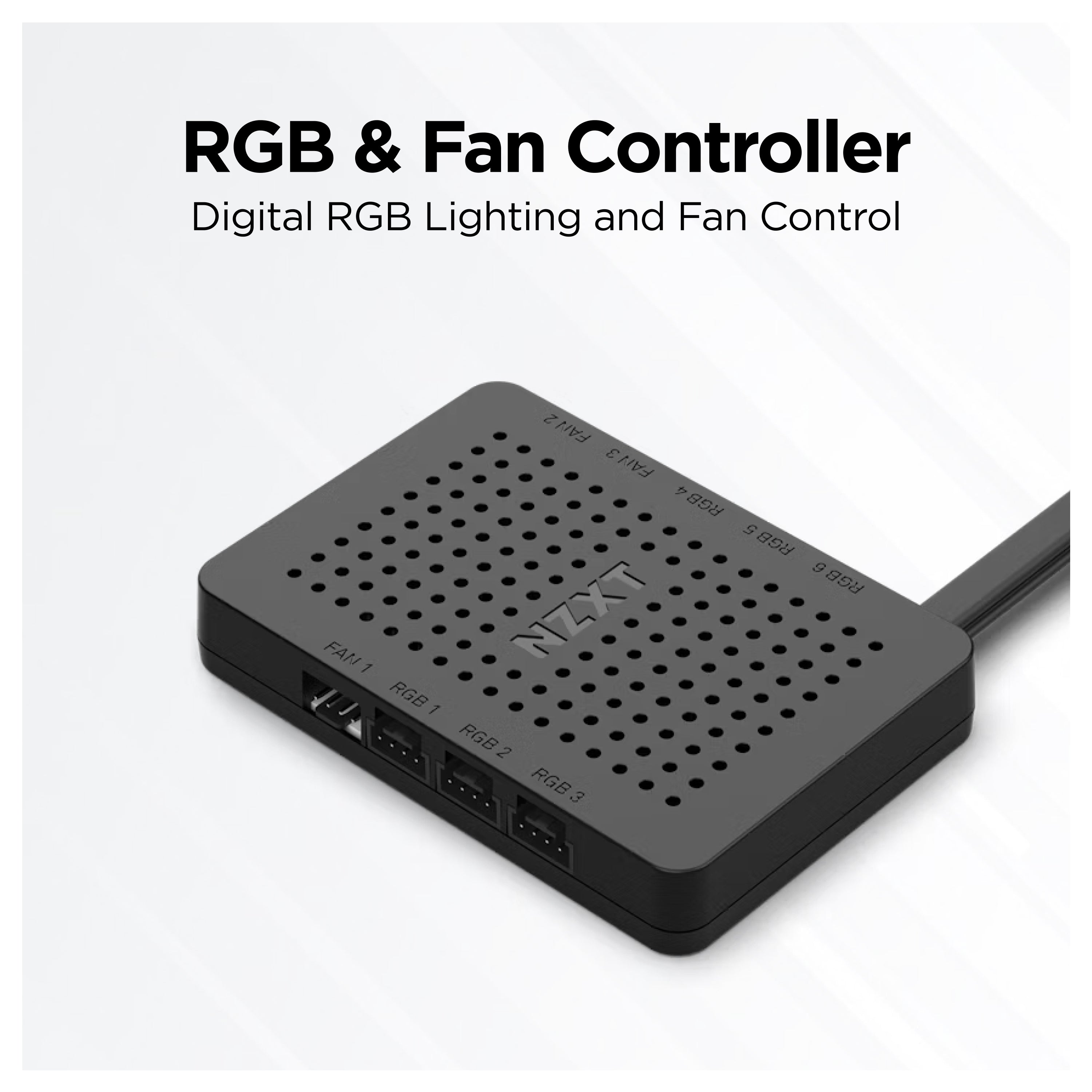 A black NZXT RGB and fan controller box with labeled ports sits on a white background. Text above reads RGB & Fan Controller - Digital RGB Lighting and Fan Control.