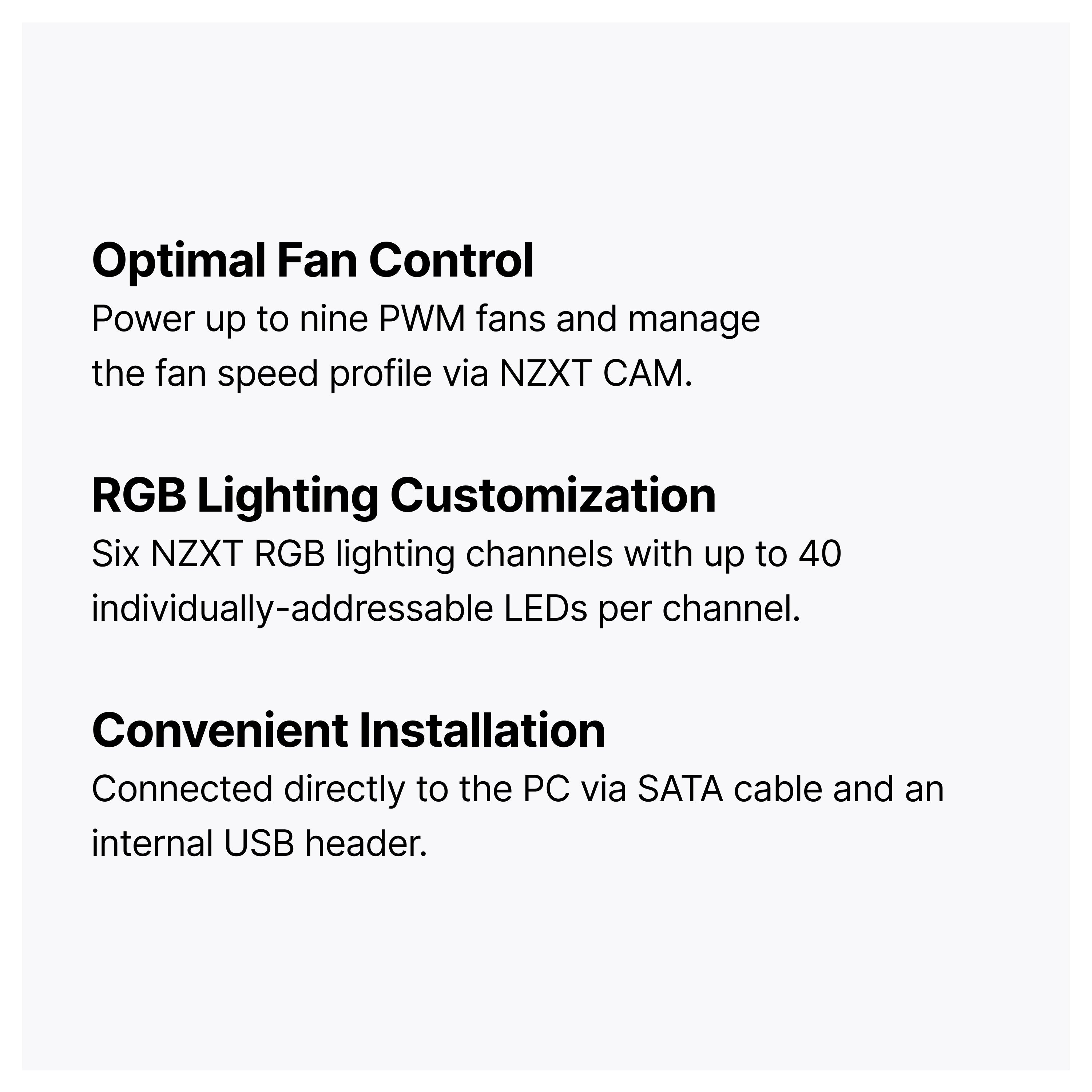Text describing features of a PC component: optimal fan control for up to nine PWM fans, RGB lighting customization with six channels, and easy installation via SATA cable and USB header.