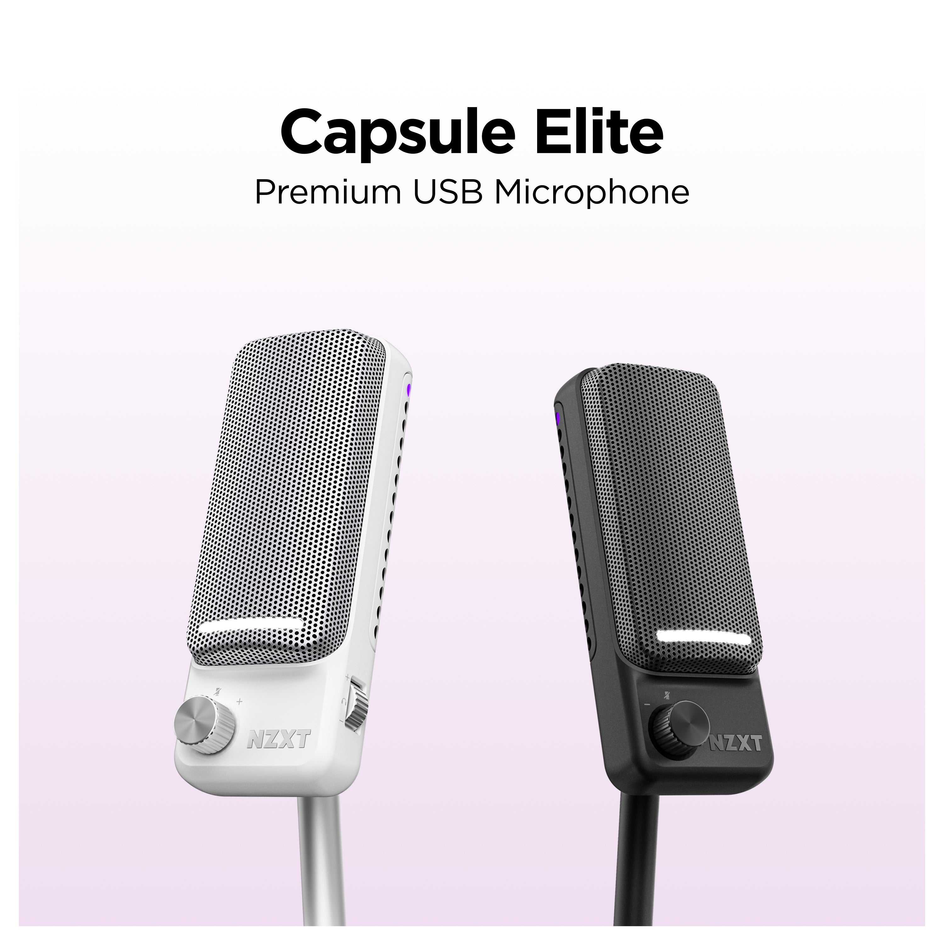 Two NZXT Capsule Elite premium USB microphones in white and black are shown side by side against a light pink gradient background. The white text above reads Capsule Elite Premium USB Microphone.