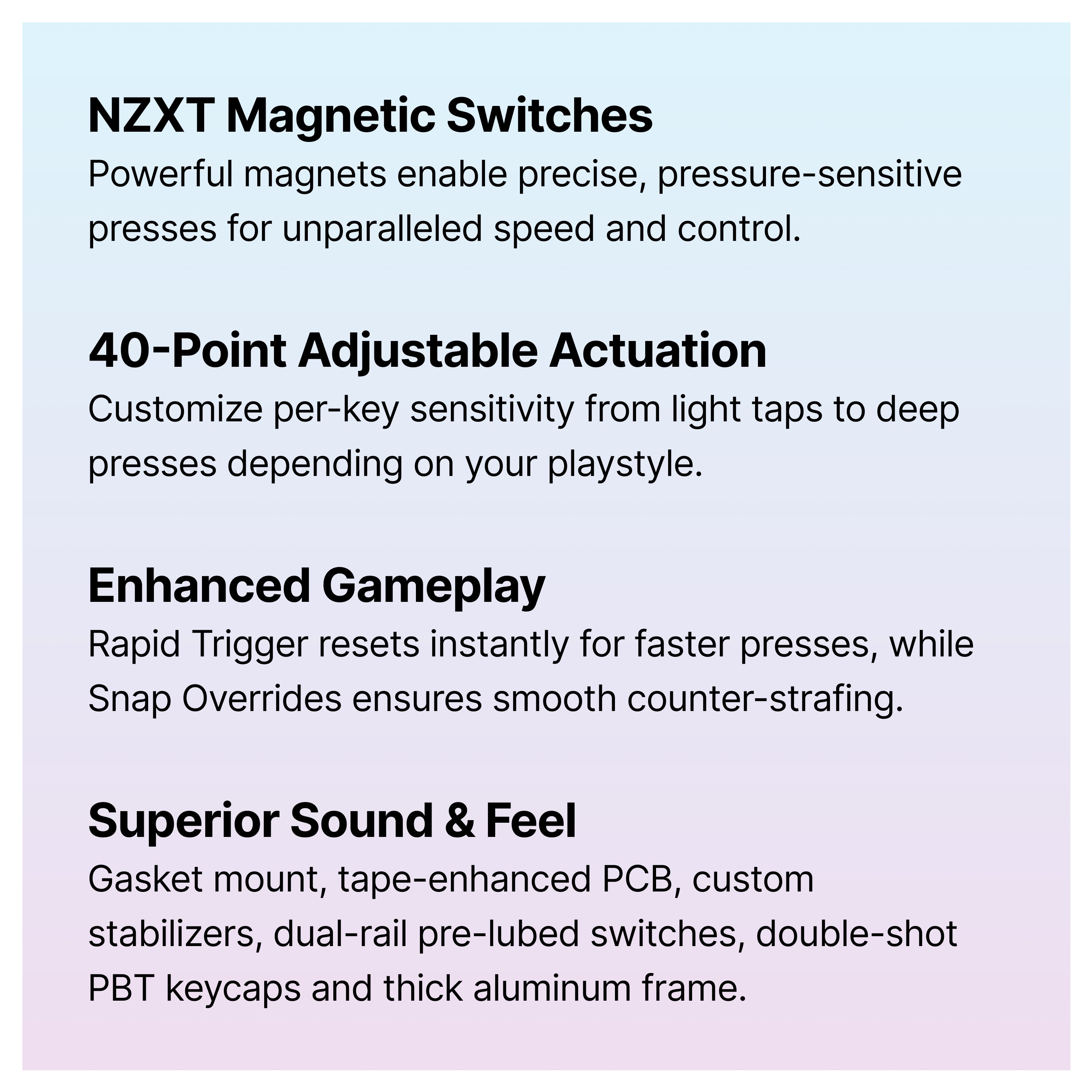 Informational graphic with four sections describing keyboard features: NZXT Magnetic Switches, 40-Point Adjustable Actuation, Enhanced Gameplay, and Superior Sound & Feel, each with a brief explanation.