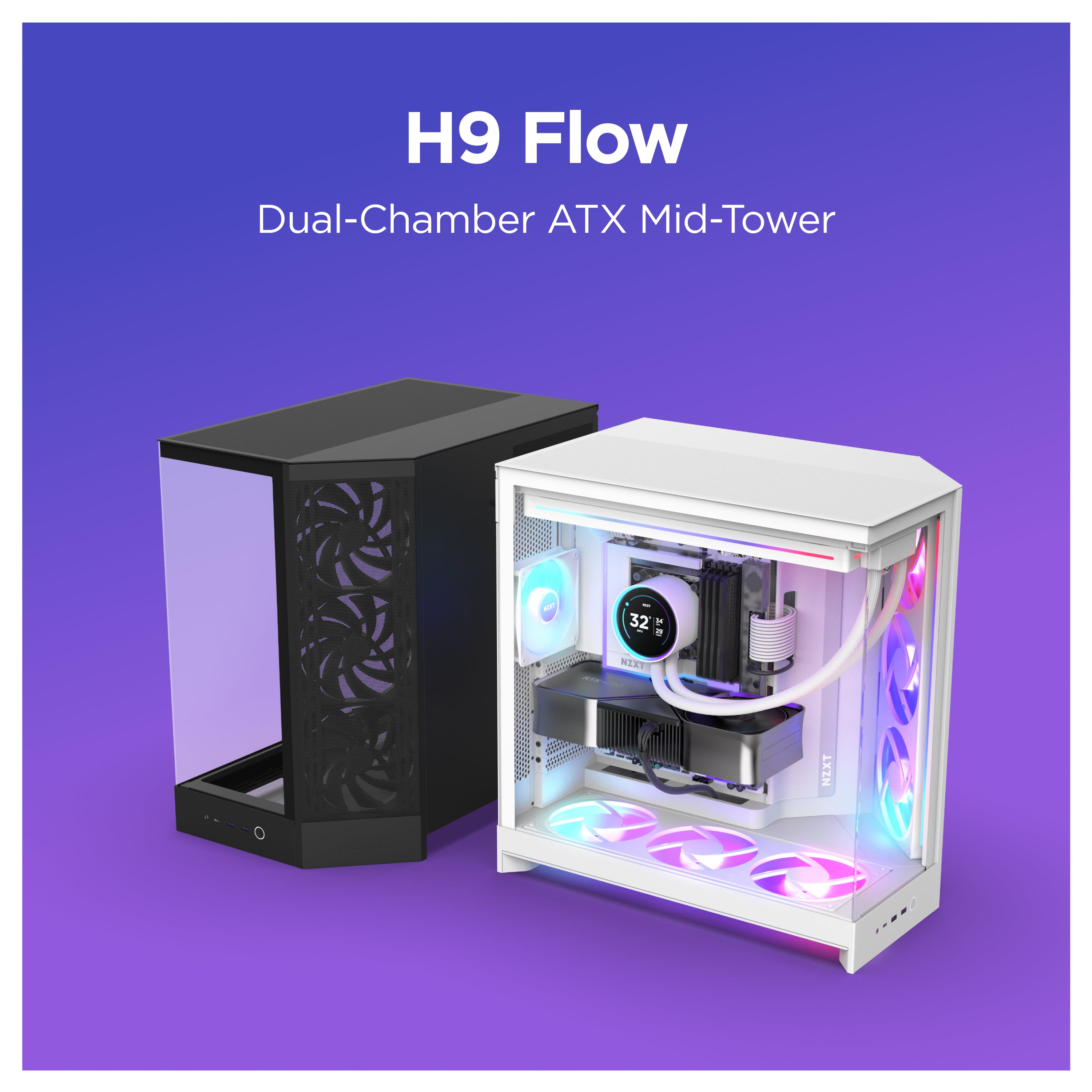 Two H9 Flow dual-chamber ATX mid-tower PC cases are shown: one black and closed, and one white with a transparent side panel displaying internal components and RGB lighting, against a purple background.