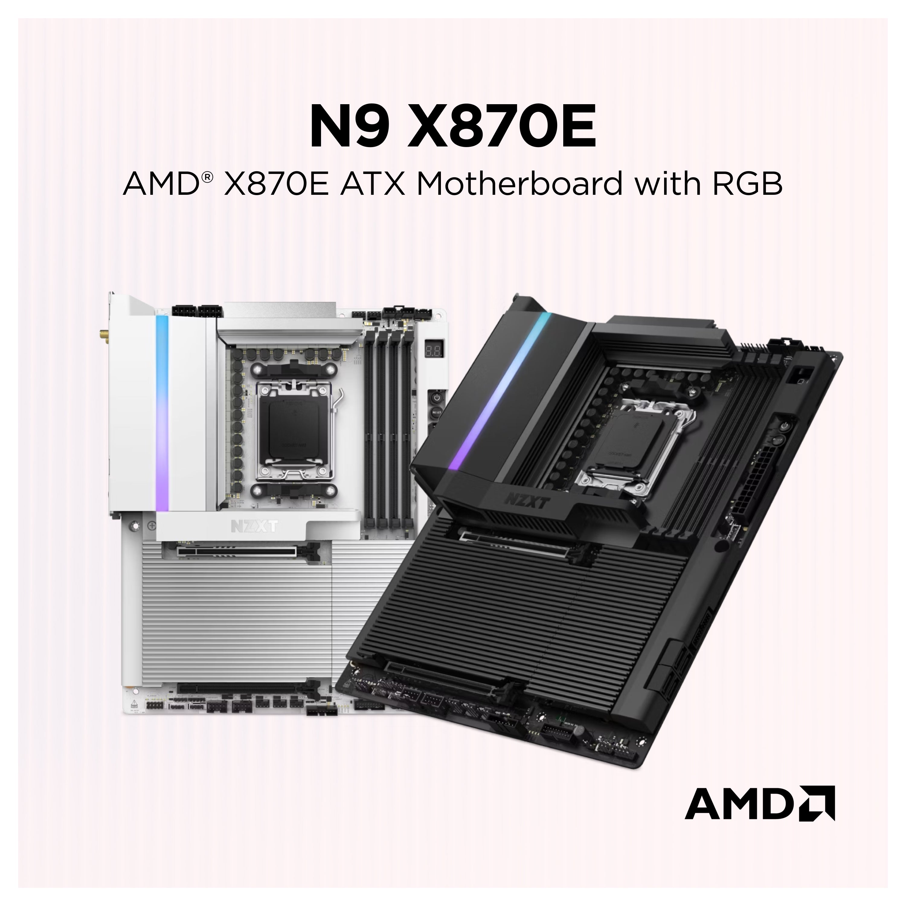 Two AMD X870E ATX motherboards with RGB lighting, one in silver and one in black, are displayed on a light striped background with text labeling them as N9 X870E motherboards by AMD.
