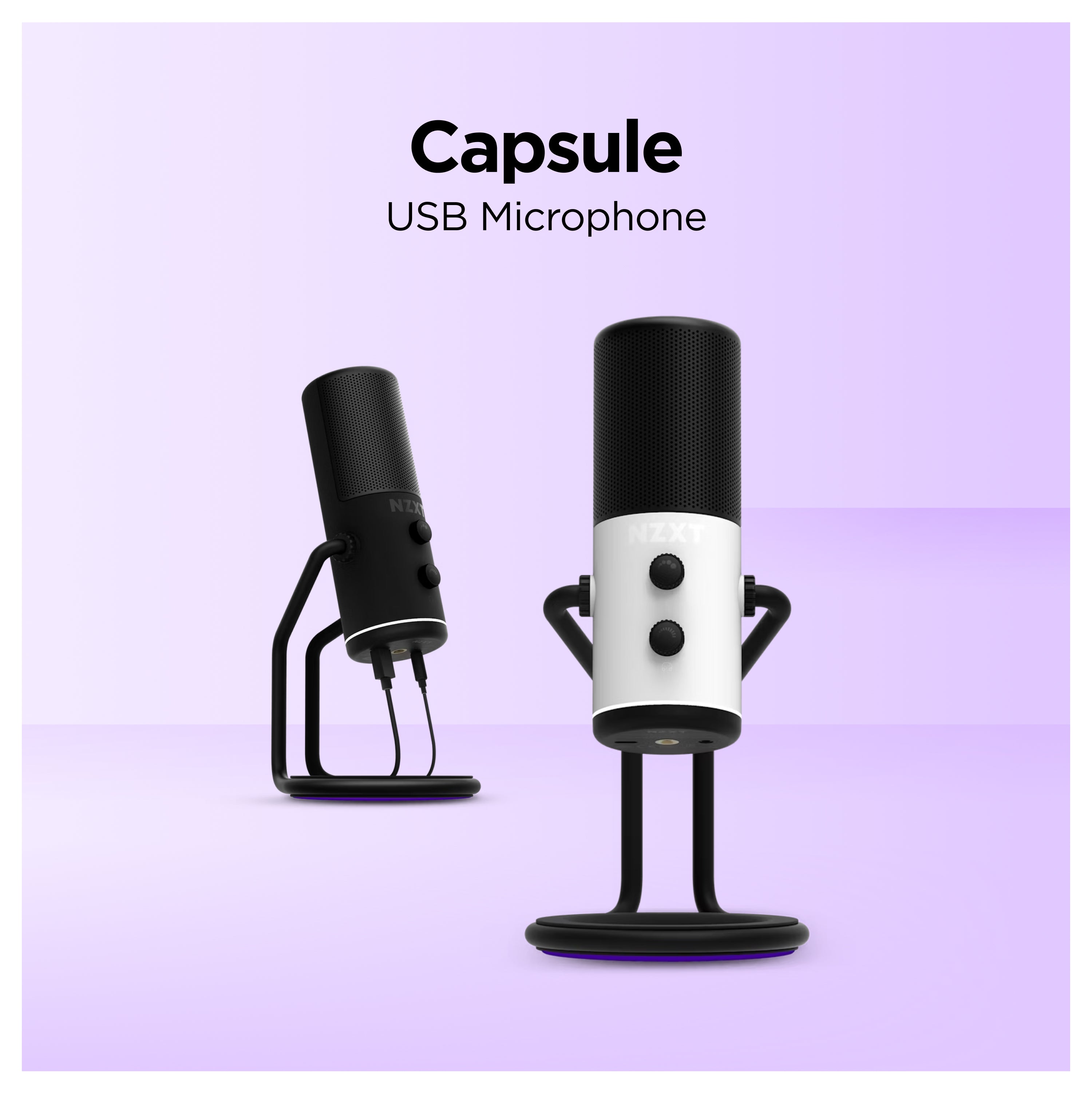 Two capsule-shaped USB microphones, one black and one white, are displayed on modern stands against a gradient purple background. The text above reads “Capsule USB Microphone.”.