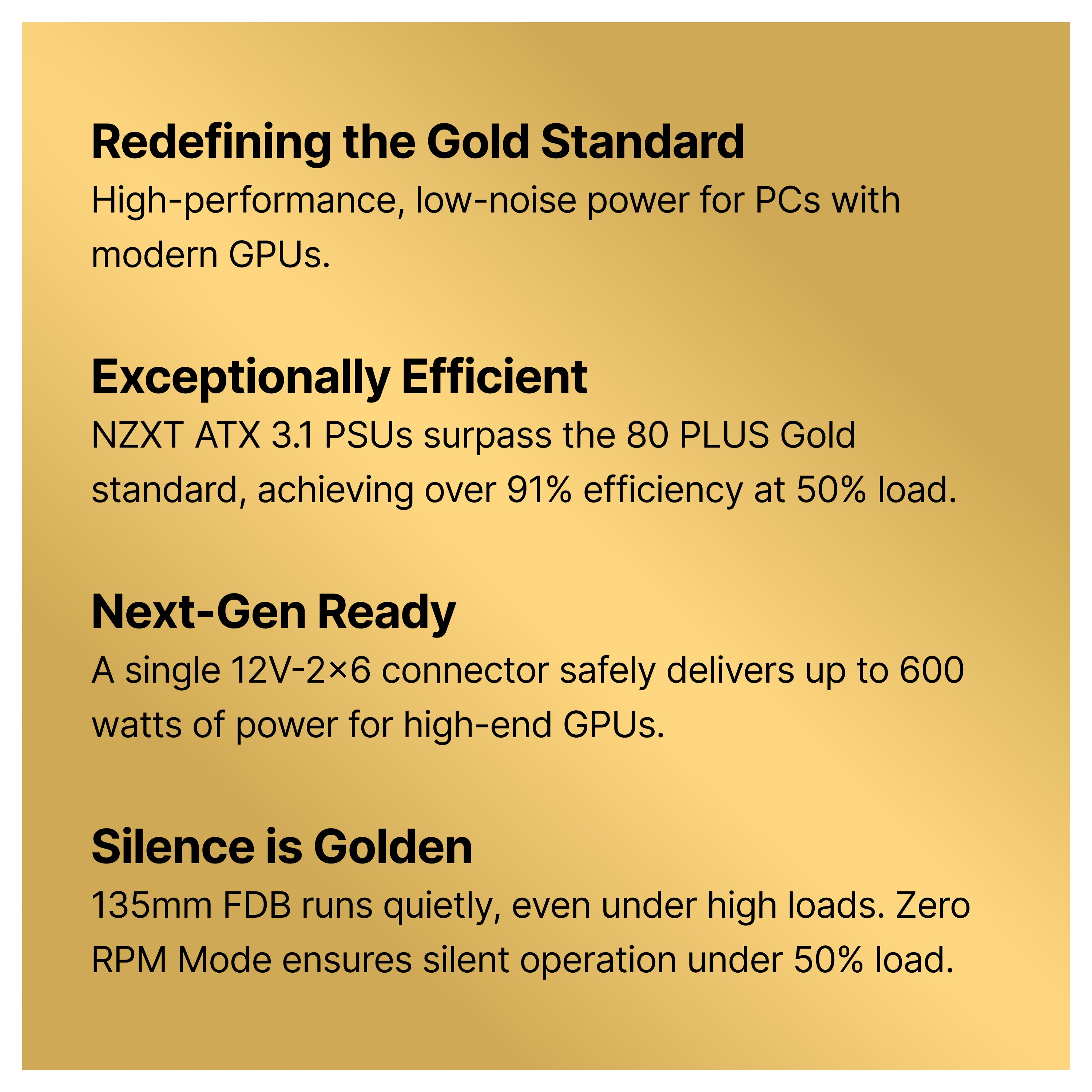 A gold gradient background displays four sections of text highlighting features of a power supply: high performance, over 91% efficiency, support for high-end GPUs, and quiet operation with a 135mm fan.