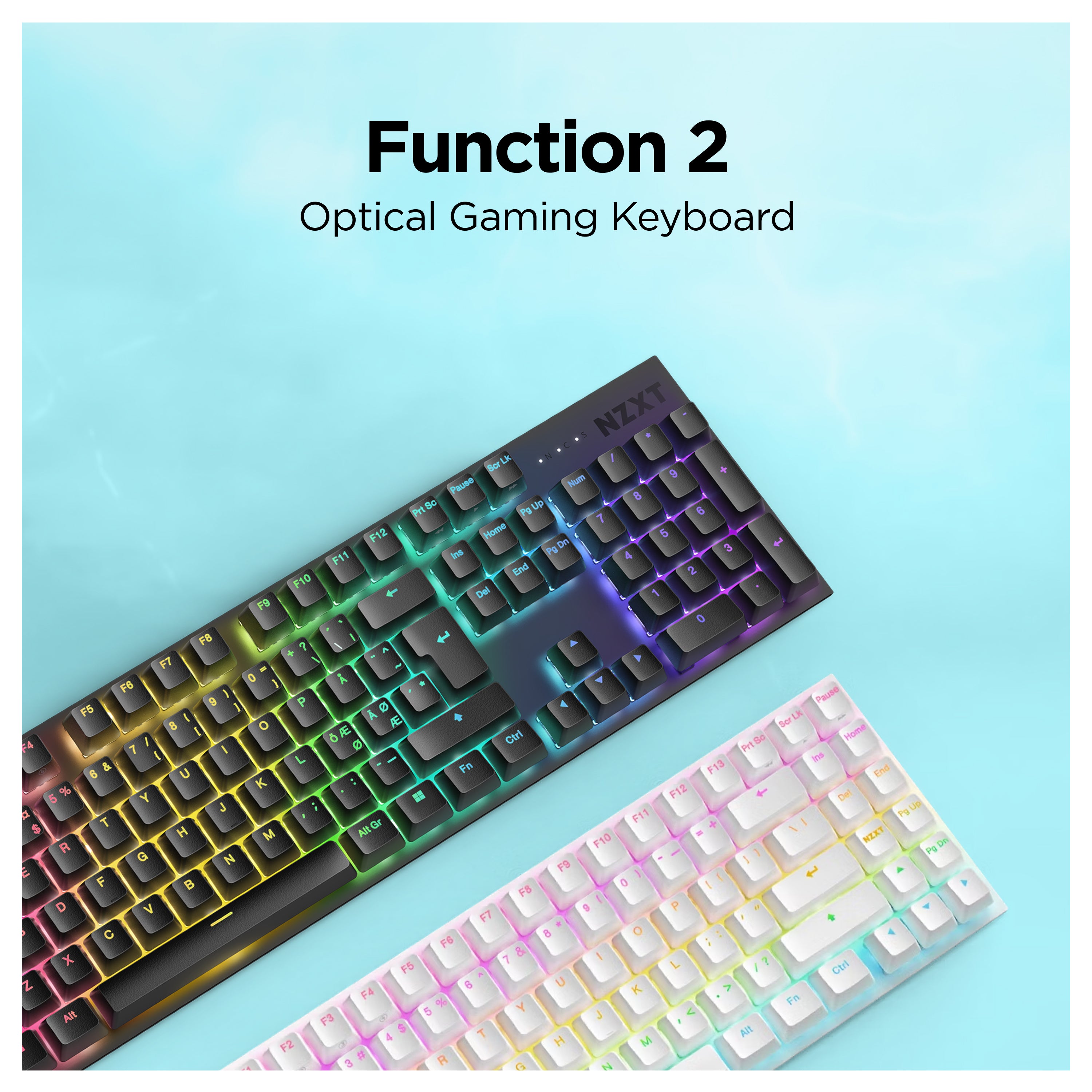 Two optical gaming keyboards, one black and one white, both with rainbow RGB backlighting, are displayed at an angle on a light blue background. Text above reads Function 2 Optical Gaming Keyboard.