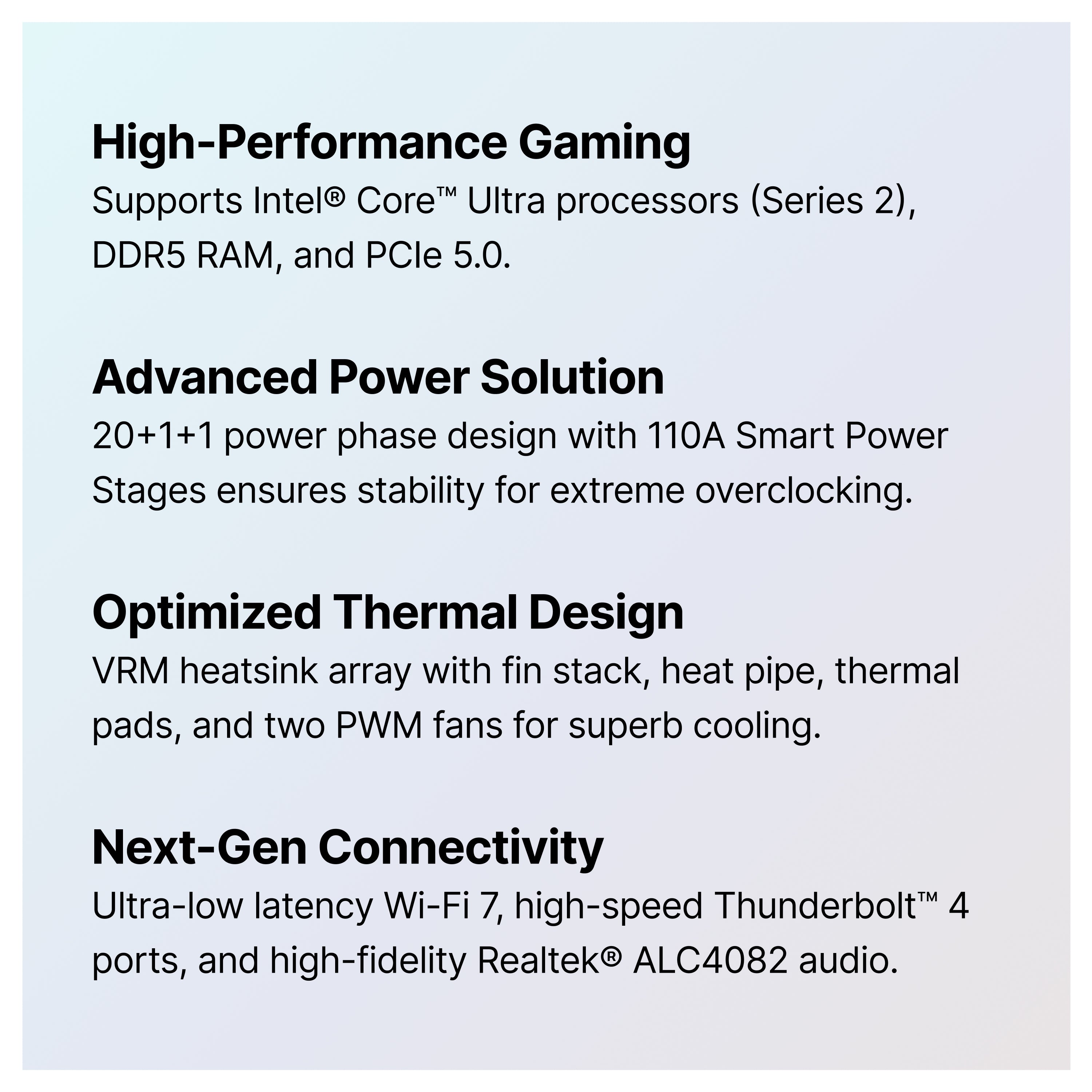 A tech features list highlights high-performance gaming with Intel Core Ultra, advanced power design, optimized thermal cooling, and next-gen connectivity including Wi-Fi 7, Thunderbolt 4, and premium audio.