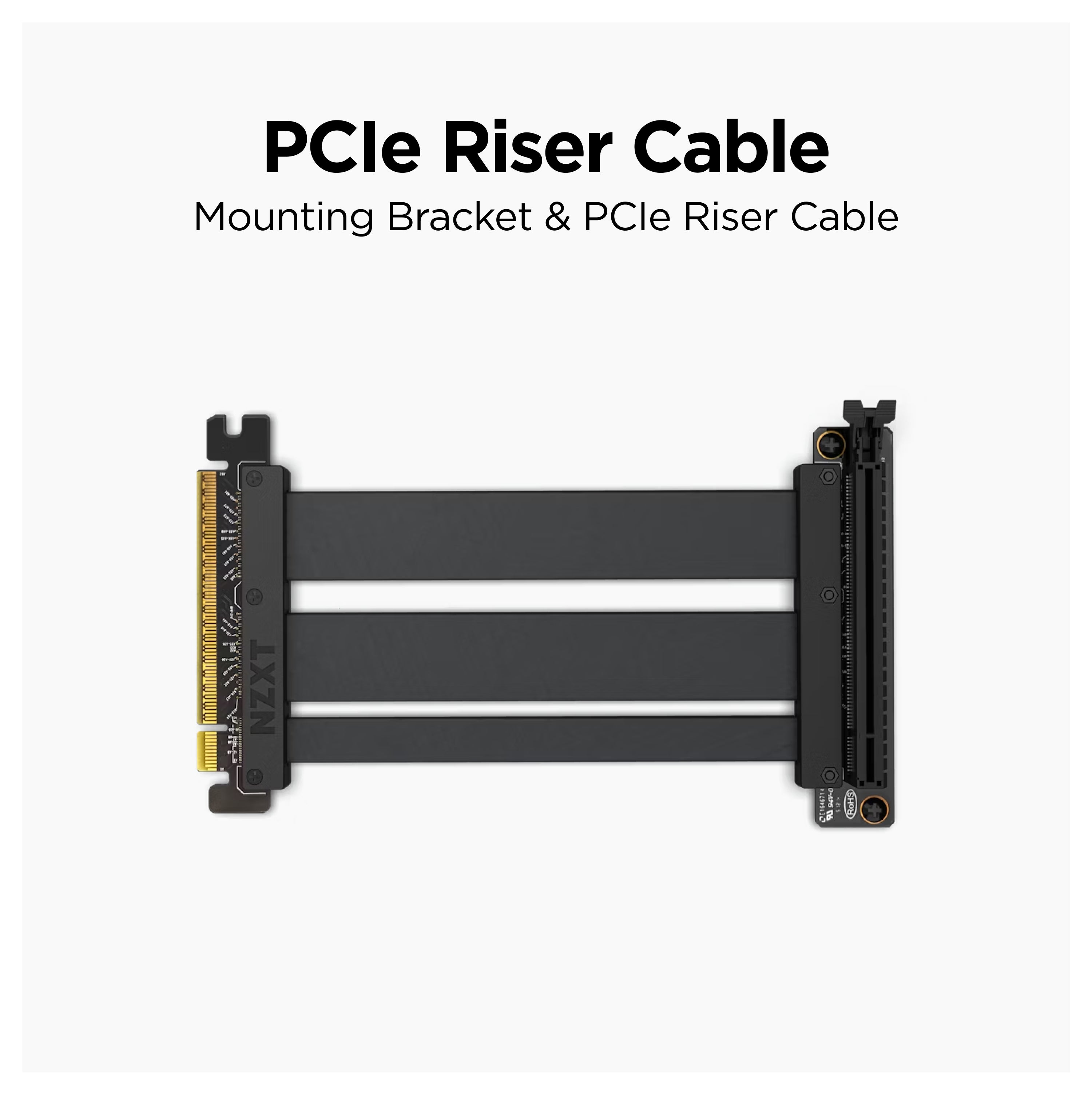 A black PCIe riser cable with a mounting bracket is displayed on a white background. The text above reads PCIe Riser Cable and Mounting Bracket & PCIe Riser Cable.
