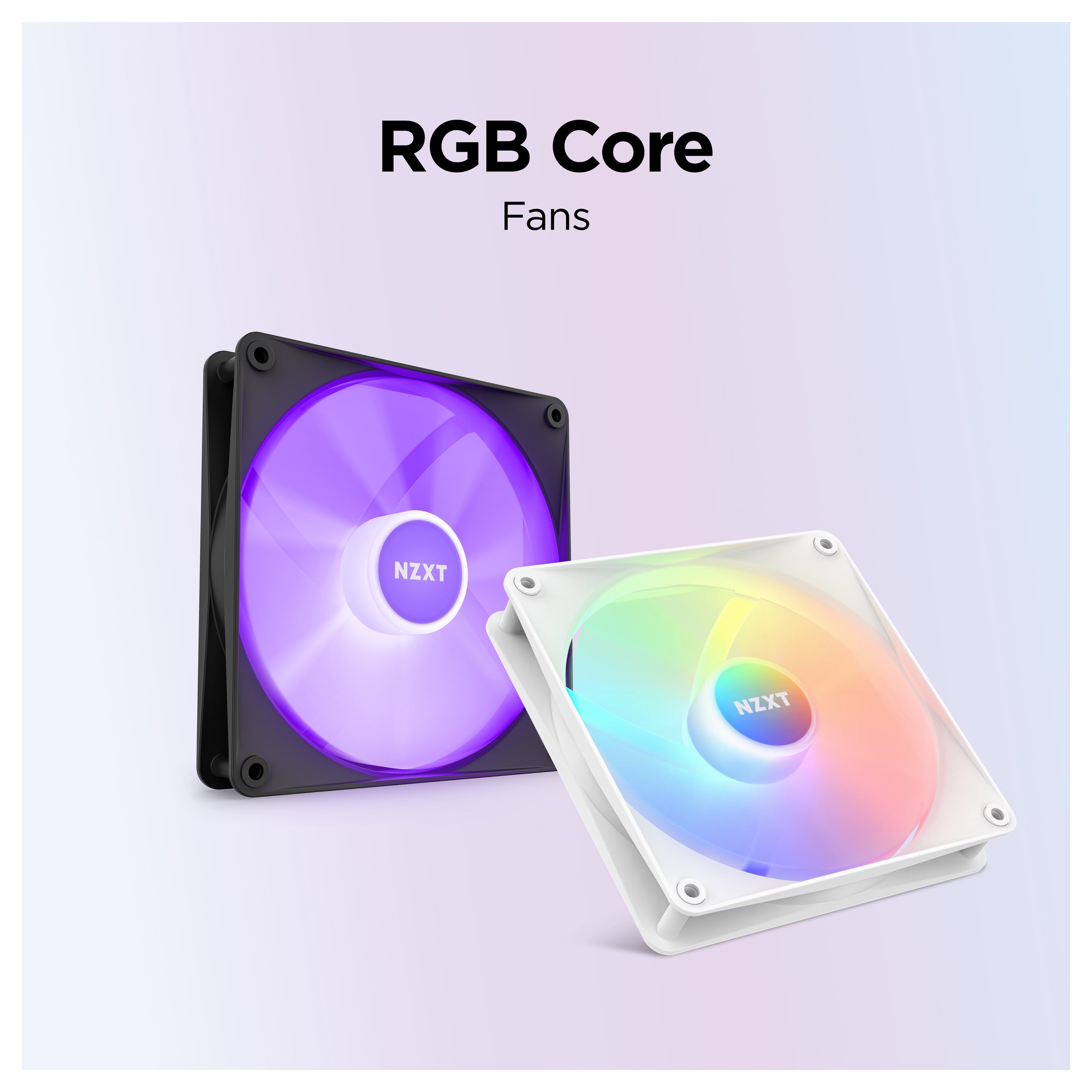 Two NZXT RGB Core fans are shown, one in black with purple lighting and one in white with multicolor lighting, against a light gradient background. The text above reads RGB Core Fans.
