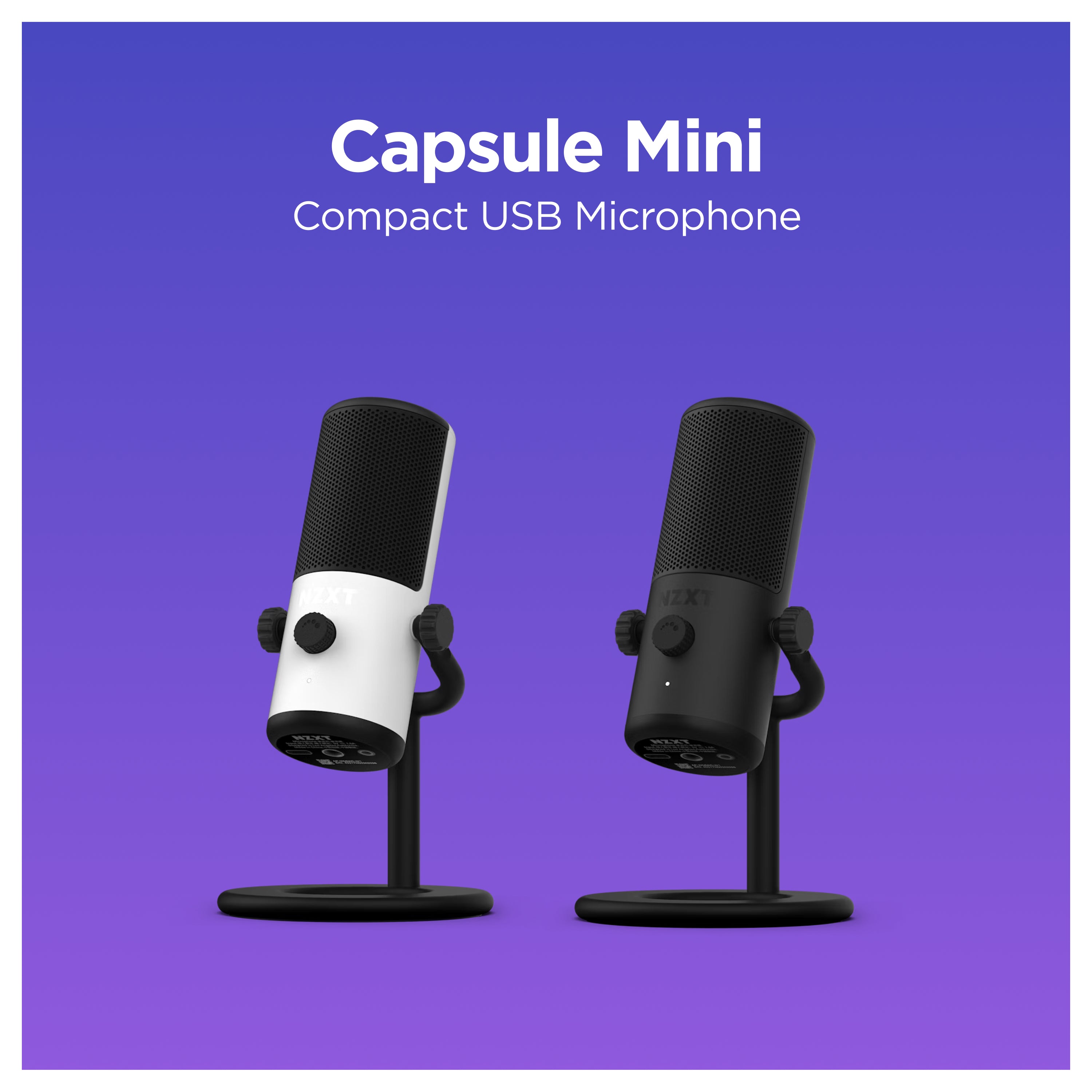 Two compact USB microphones, one white and one black, are displayed on stands against a purple gradient background. Text above reads “Capsule Mini: Compact USB Microphone.”.