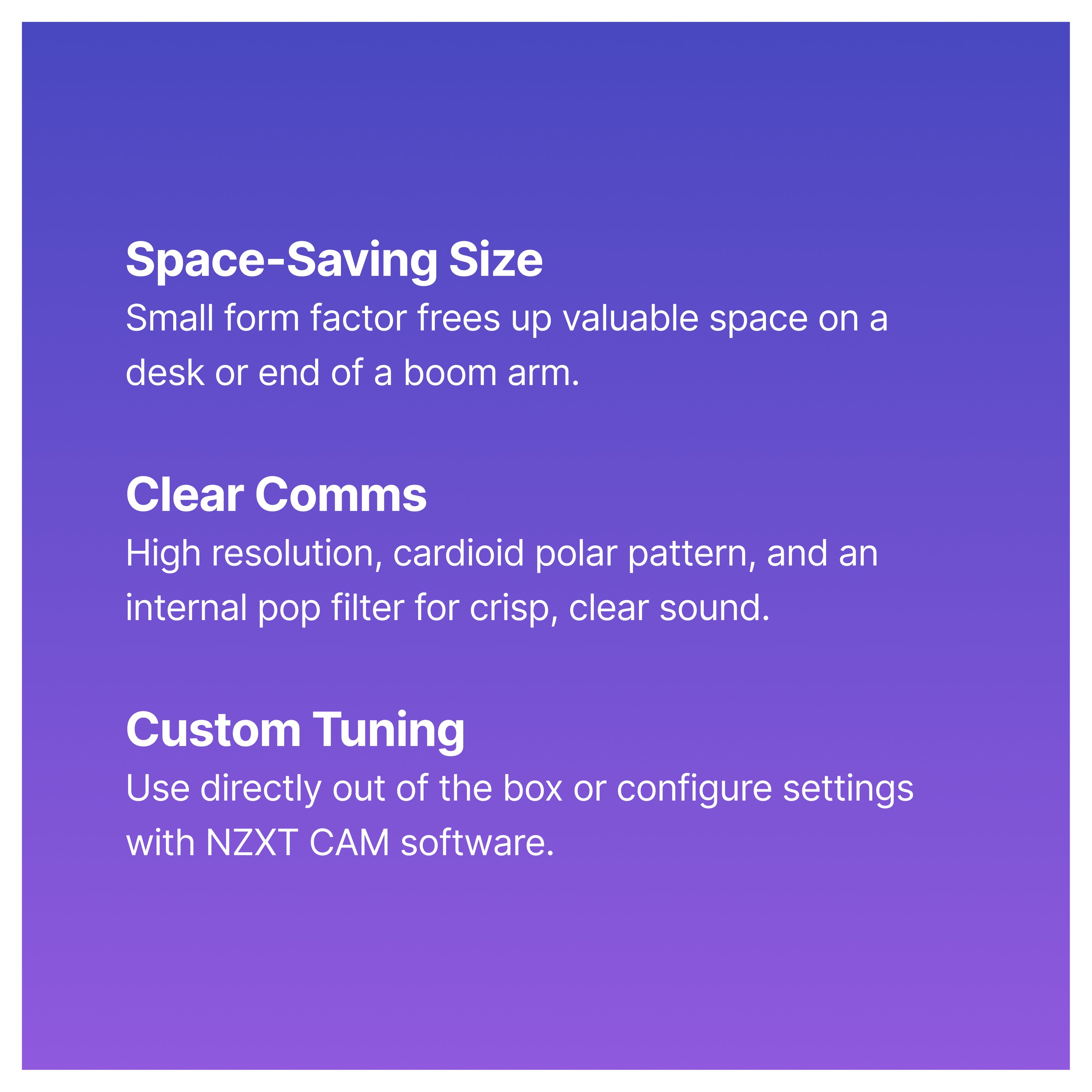 A gradient background image lists three features: Space-Saving Size, Clear Comms, and Custom Tuning, each with brief descriptions highlighting compact design, clear sound quality, and customizable settings.