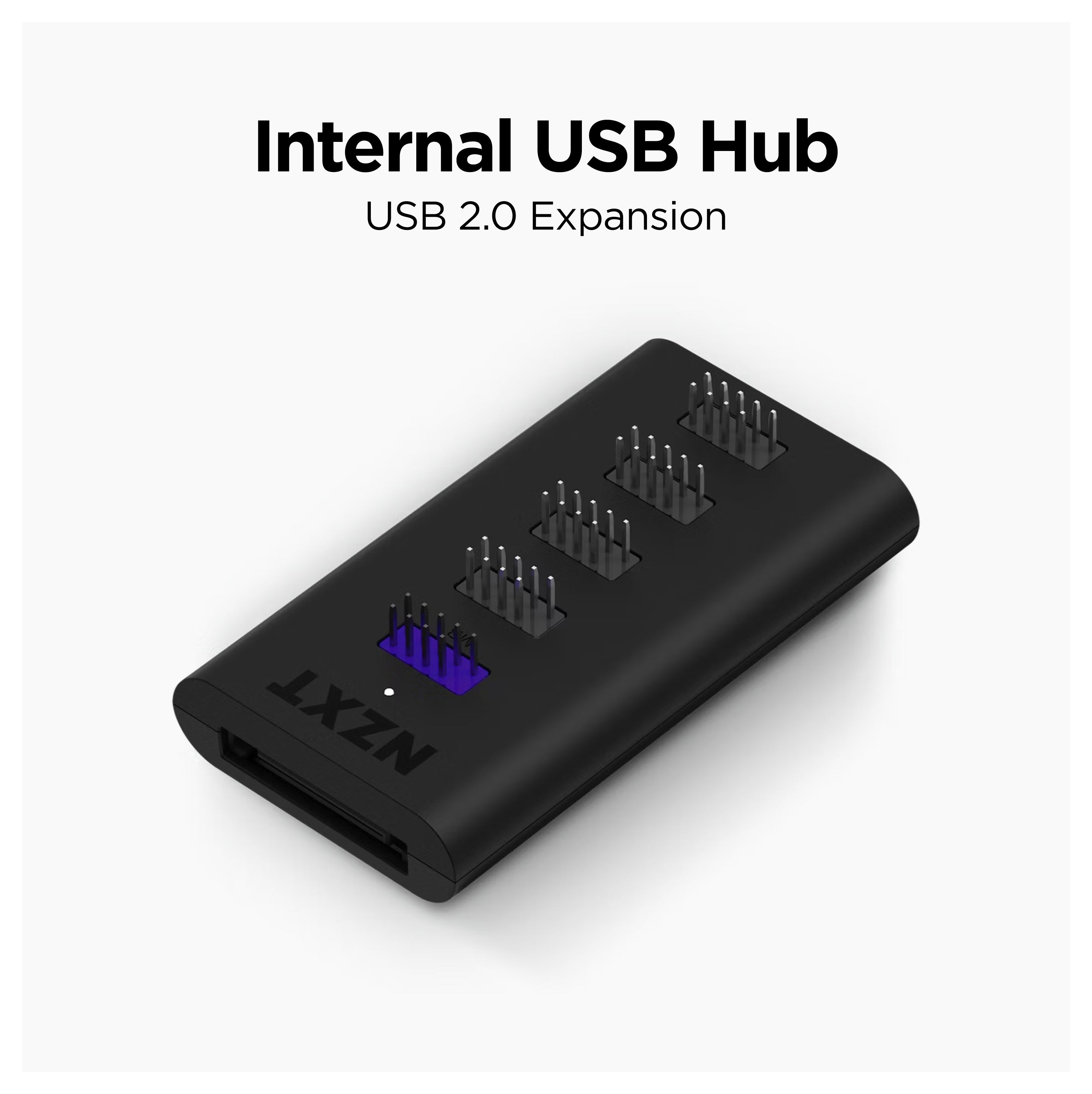 A black NZXT internal USB hub with four USB 2.0 headers, one highlighted in blue, and the text Internal USB Hub USB 2.0 Expansion above the device on a white background.