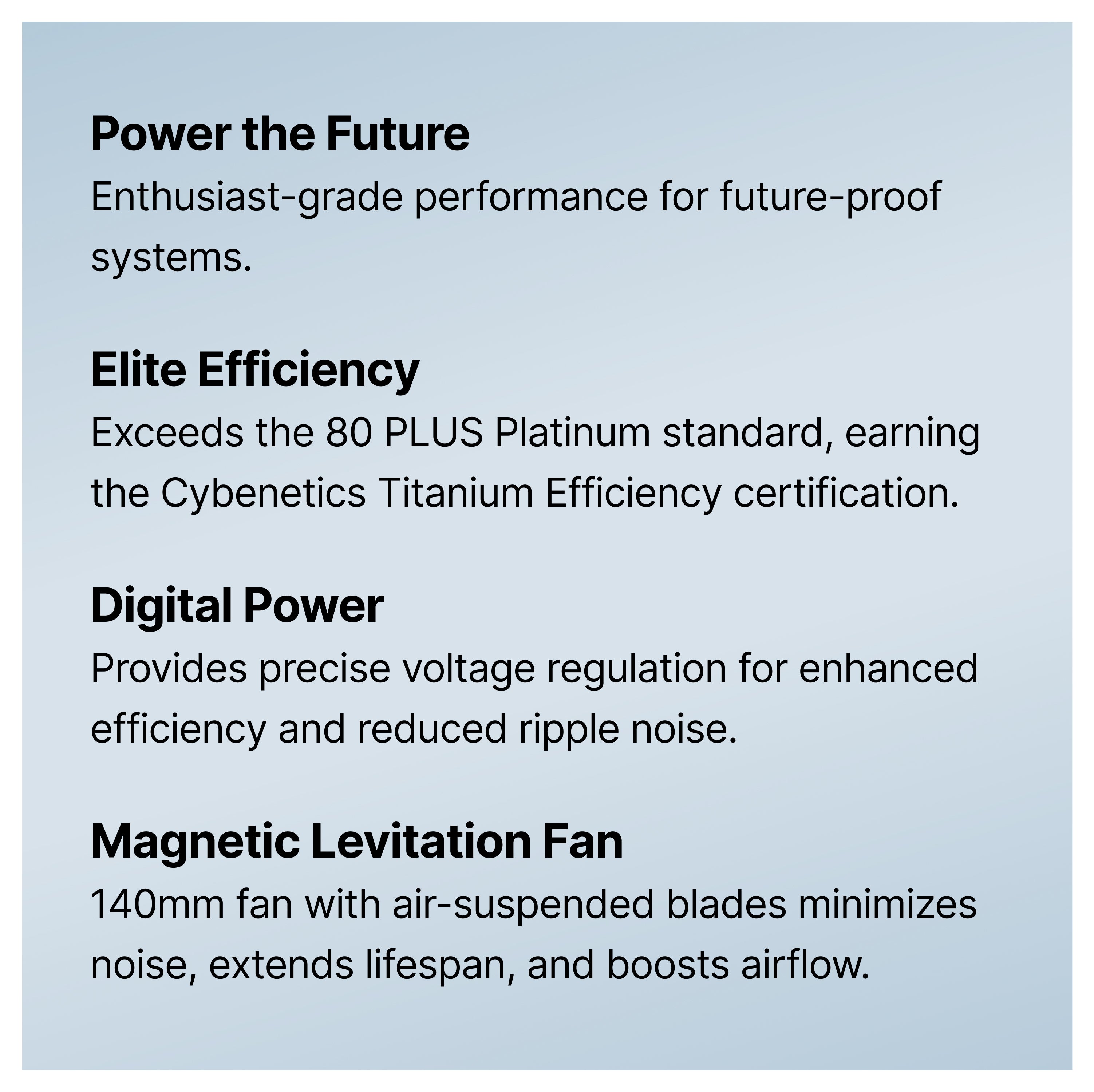Text describing four features of a product: Power the Future, Elite Efficiency, Digital Power, and Magnetic Levitation Fan, each with a brief explanation of performance, certification, regulation, and fan benefits.