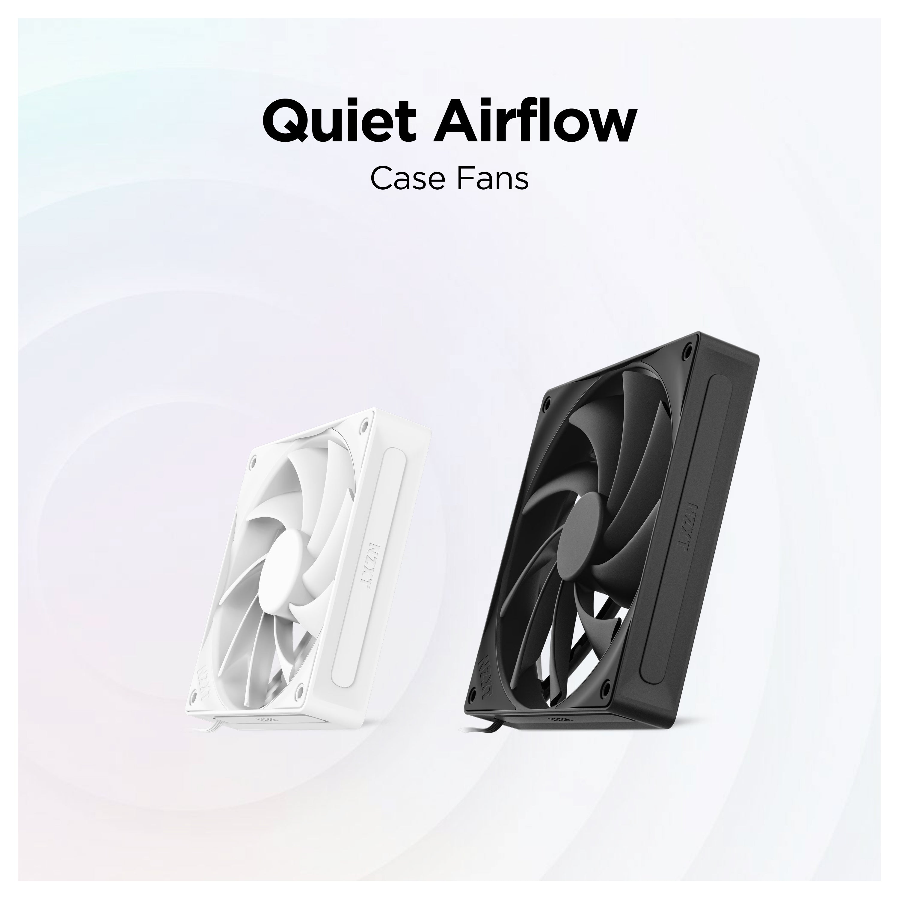 Two computer case fans, one white and one black, are displayed side by side on a light gradient background. The text above reads Quiet Airflow and Case Fans.