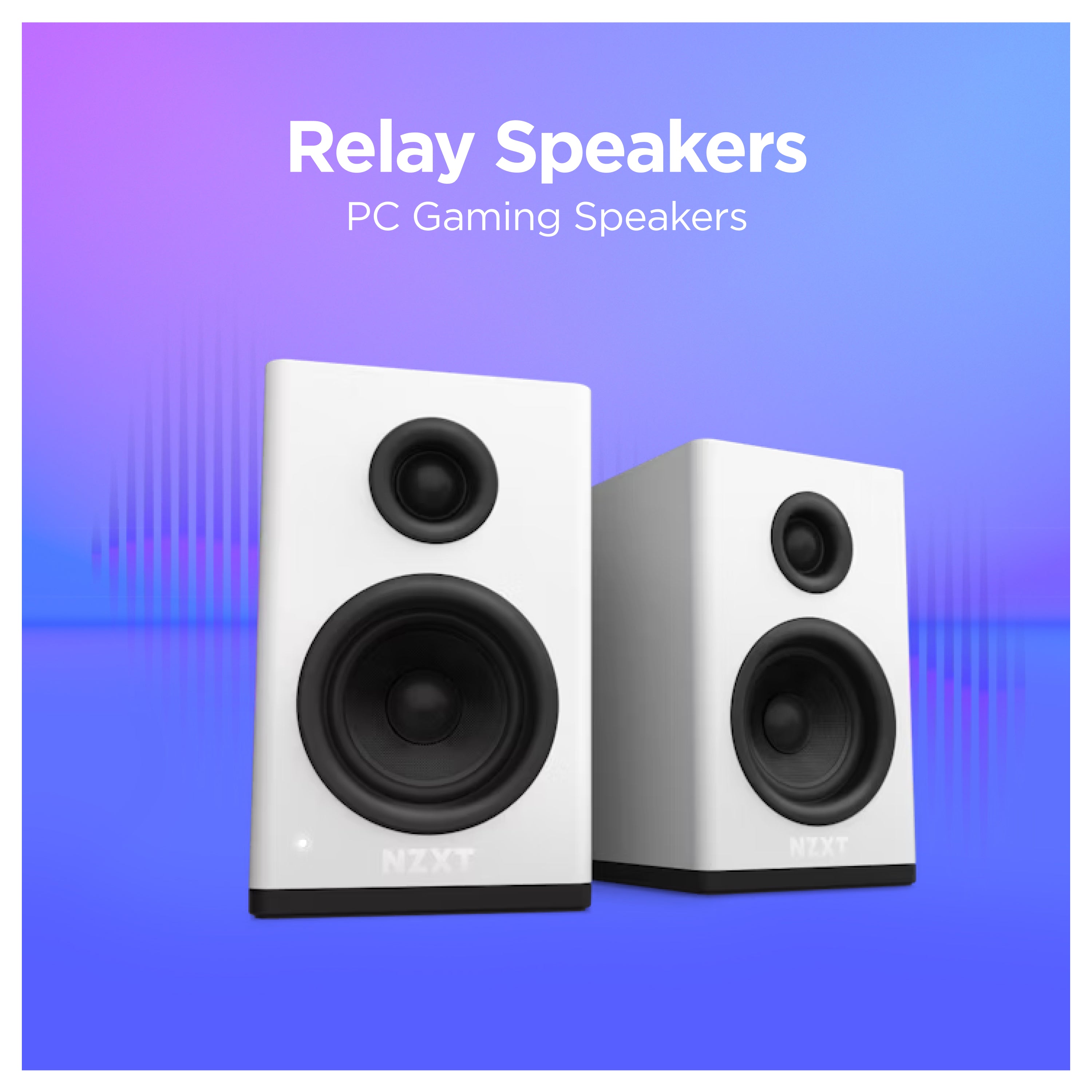 Two white NZXT Relay PC gaming speakers with black cones are displayed on a blue and purple gradient background. The text above reads Relay Speakers - PC Gaming Speakers.