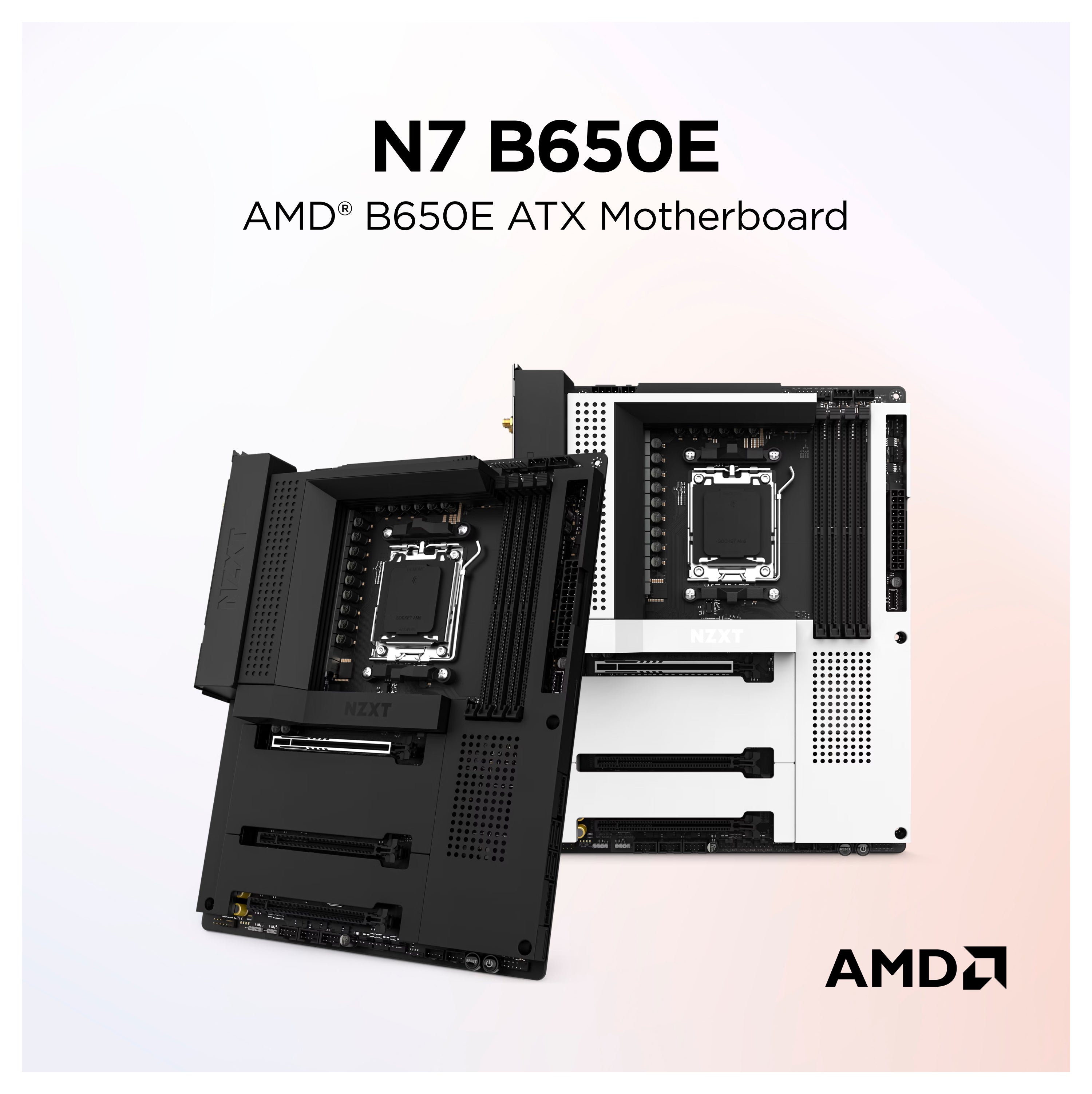 Two AMD B650E ATX motherboards, one black and one white, are displayed side by side on a light background with the text “N7 B650E AMD B650E ATX Motherboard” above them and the AMD logo in the bottom right corner.