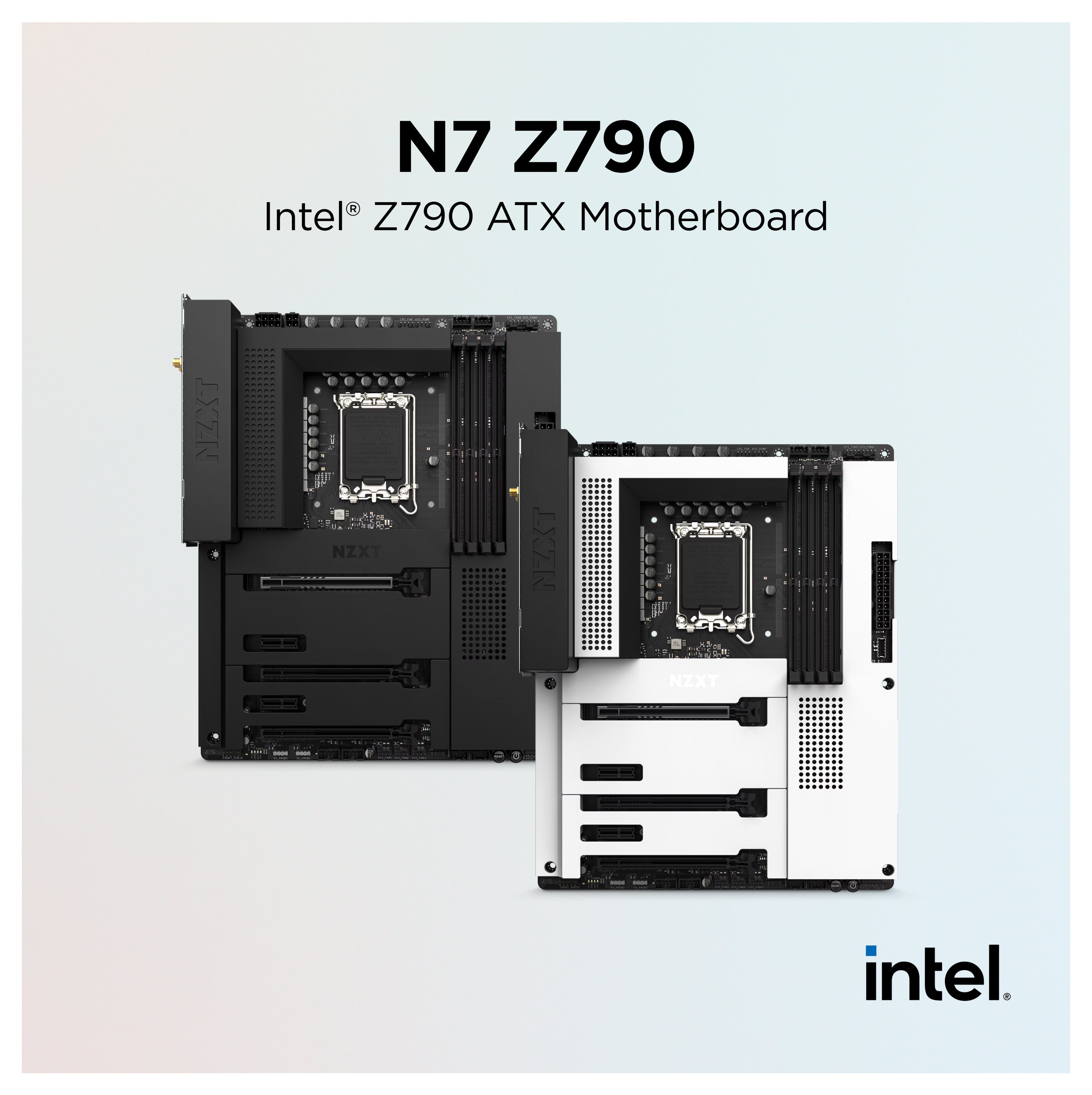 Two Intel® Z790 ATX motherboards by NZXT are shown, one in black and one in white finish, positioned side by side on a light background with the Intel and NZXT logos. Text above reads N7 Z790 Intel® Z790 ATX Motherboard.