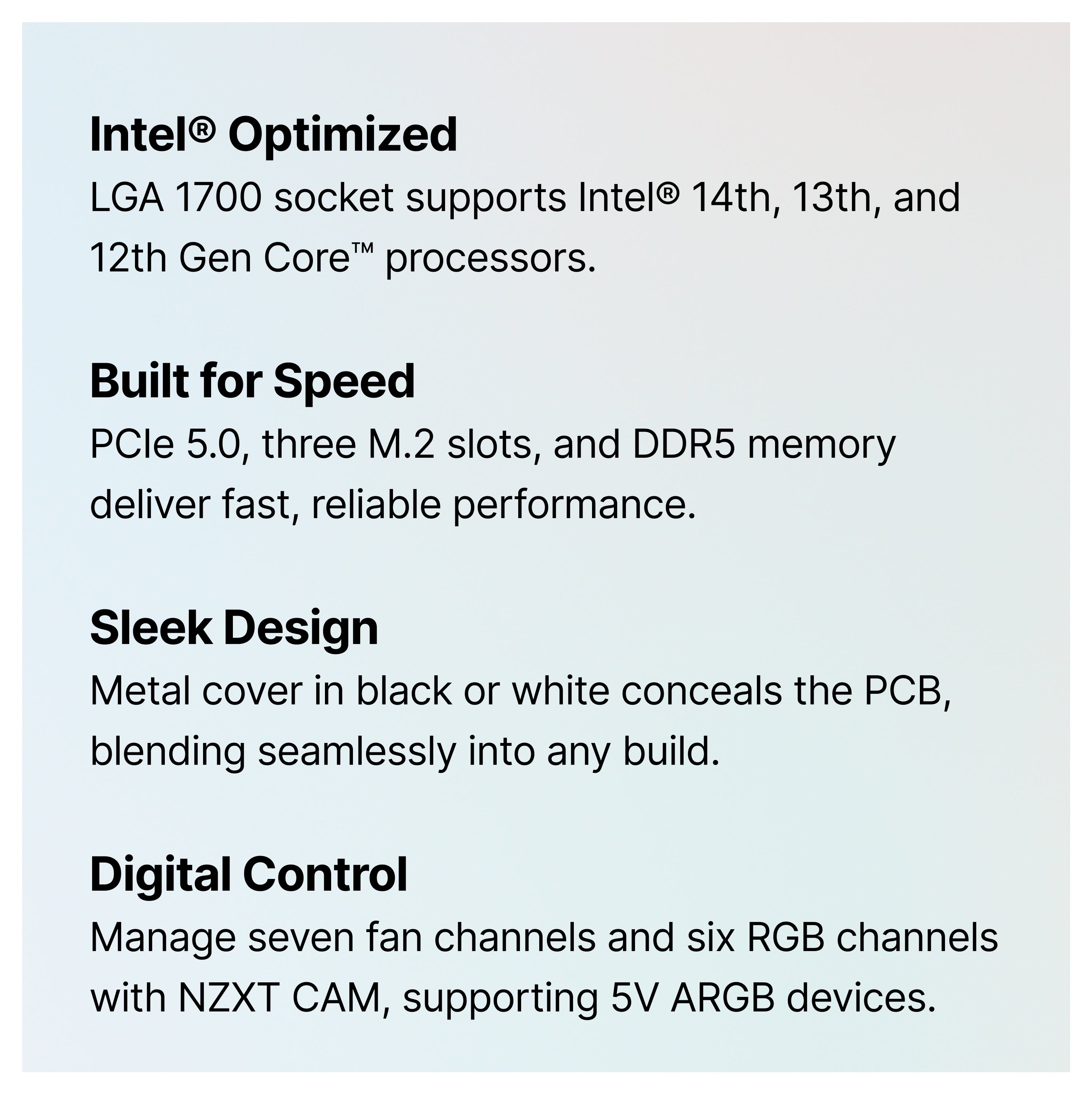 A tech product feature list highlights Intel processor compatibility, fast PCIe and DDR5 support, a metal cover for a sleek look, and digital fan/RGB channel control via NZXT CAM software.