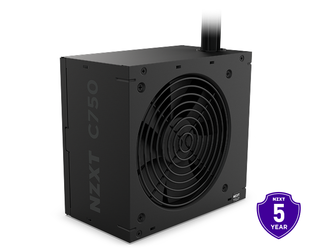 A black NZXT C750 Bronze power supply with a large cooling fan and top cable connectors is shown at an angle. A purple badge at the bottom right displays NZXT 5 Year.