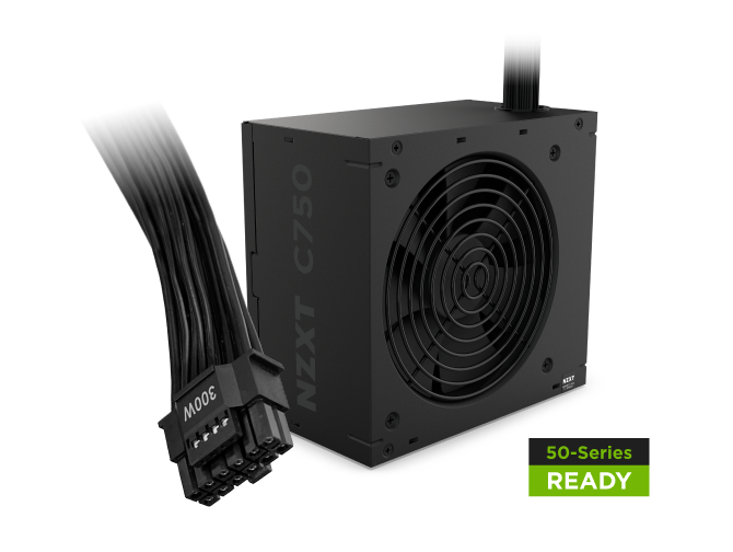 A black NZXT C750 Bronze Power Supply unit with a cooling fan and attached cables features a green 50-Series READY label.