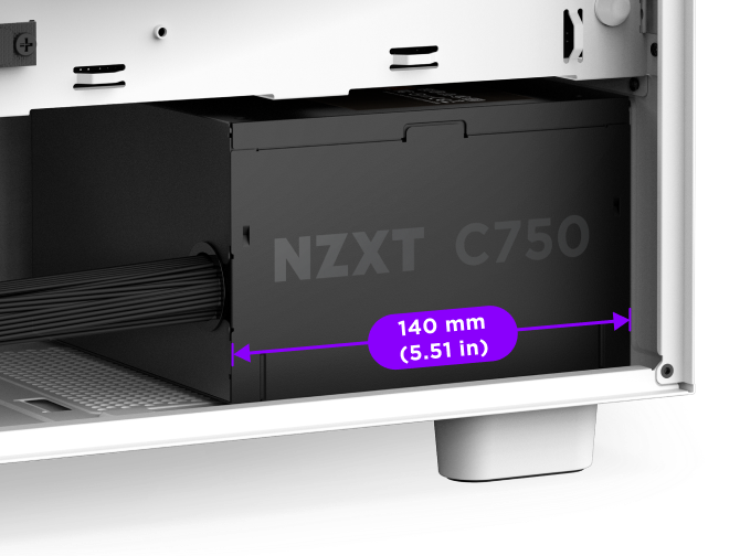 Close-up of an NZXT C750 power supply installed in a computer case, with a double-headed arrow and text indicating its length as 140 mm (5.51 in).
