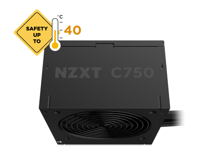 A black NZXT C750 Bronze Power Supply features a yellow safety sign with a thermometer and the text “Safety up to 40°C,” highlighting its safe operating temperature.